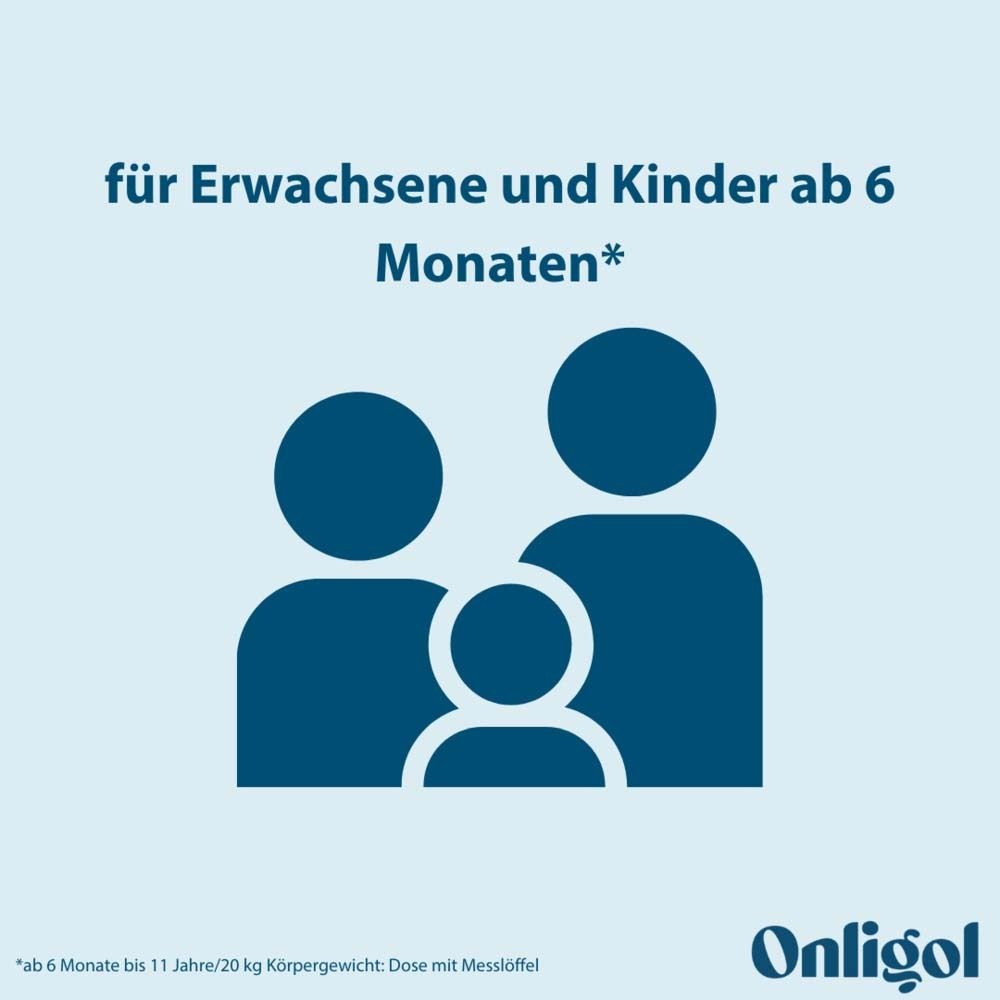 Grafik: Familie mit Kind. Text: Für Erwachsene und Kinder ab 6 Monaten. Hinweis: Dosis mit Messlöffel.