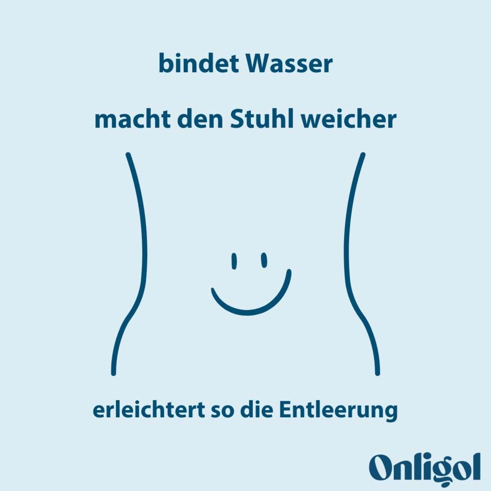 Grafik: Umriss eines Bauches mit Lächeln. Text: Bindet Wasser, macht den Stuhl weicher, erleichtert so die Entleerung.
