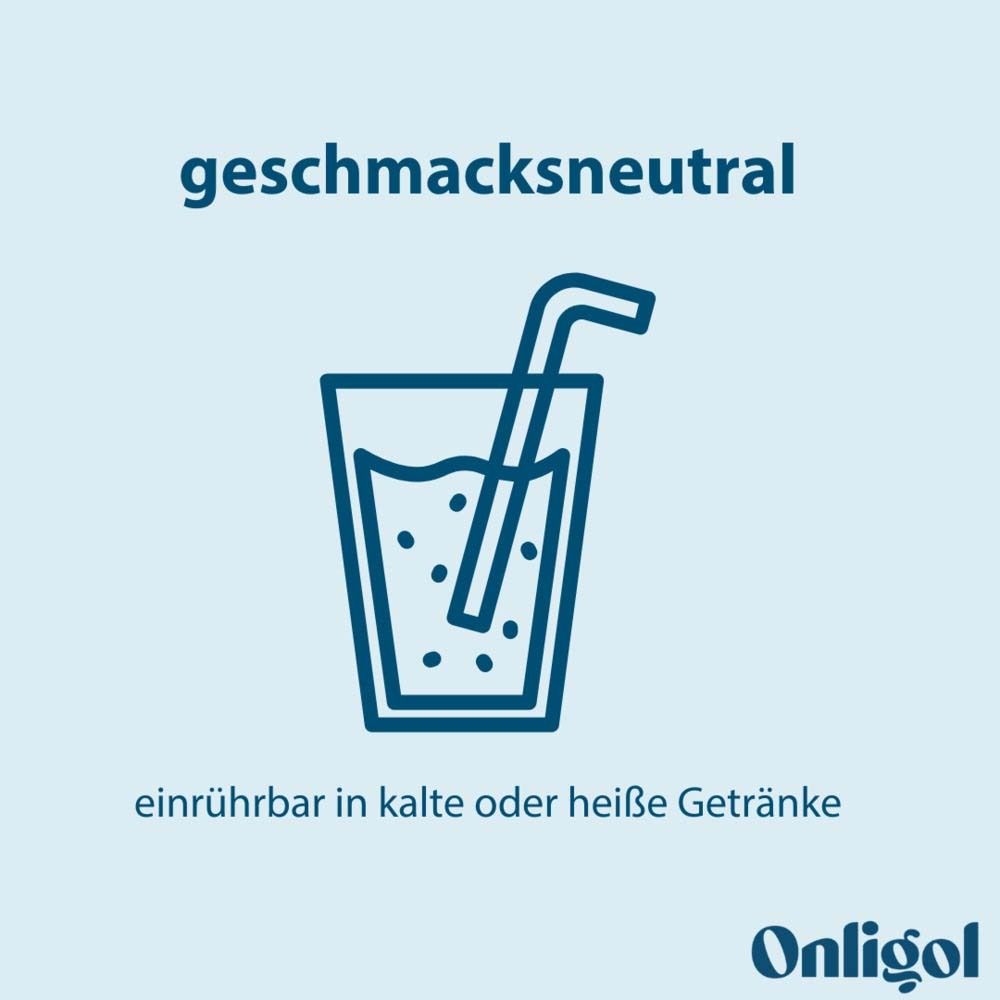 Glas mit Trinkhalm. Text: Geschmacksneutral, einrührbar in kalte oder heiße Getränke.