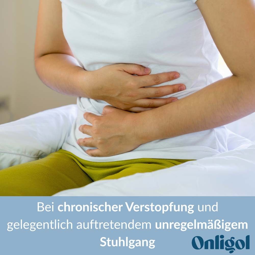 Produktabbildung. Onligol Macrogol 4000 und Fiber. Text: Medizinprodukt bei Verstopfung. Pflanzliches Nahrungsergänzungsmittel mit Flohsamenschalen.