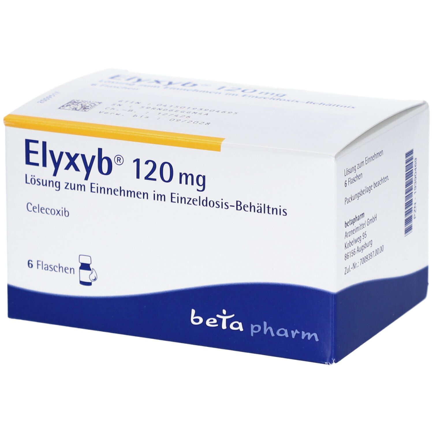Schachtel mit ELYXYB 120 mg. 6 Flaschen. Beta pharm Logo. Text: Lösung zum Einnehmen im Einzeldosis-Behältnis.