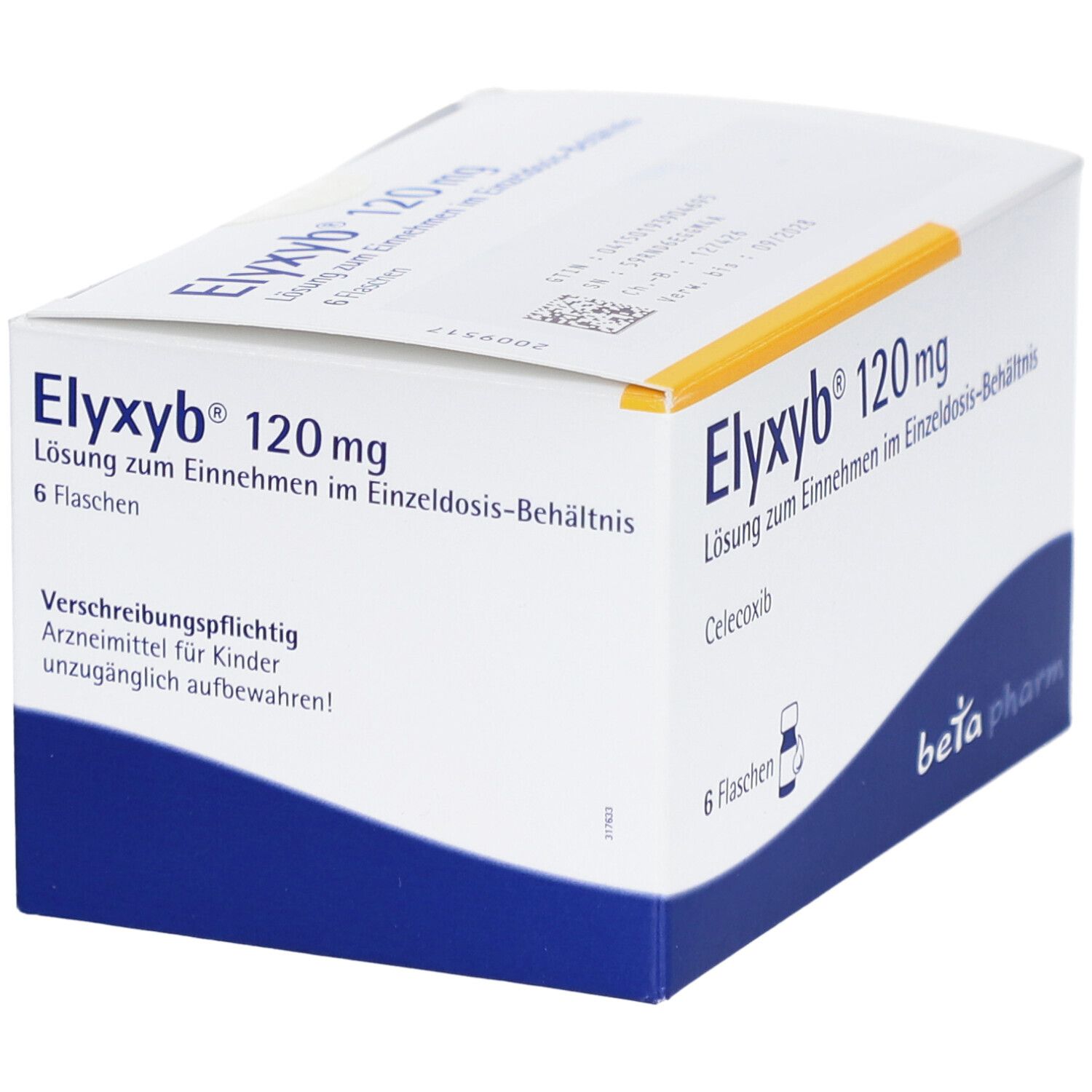 Schachtel mit ELYXYB 120 mg. 6 Flaschen. Beta pharm Logo. Text: Lösung zum Einnehmen im Einzeldosis-Behältnis.