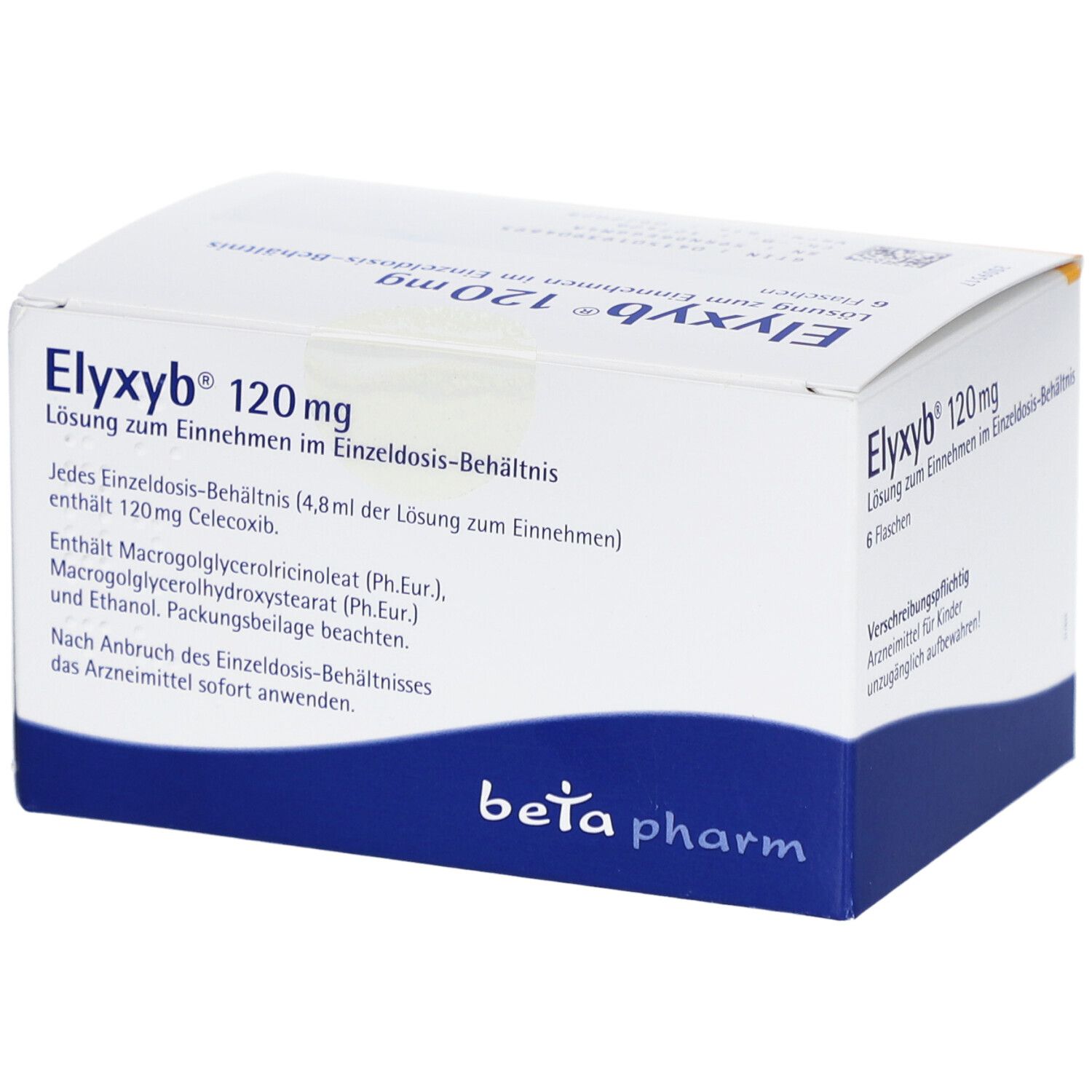 Schachtel mit ELYXYB 120 mg. 6 Flaschen. Beta pharm Logo. Text: Lösung zum Einnehmen im Einzeldosis-Behältnis.
