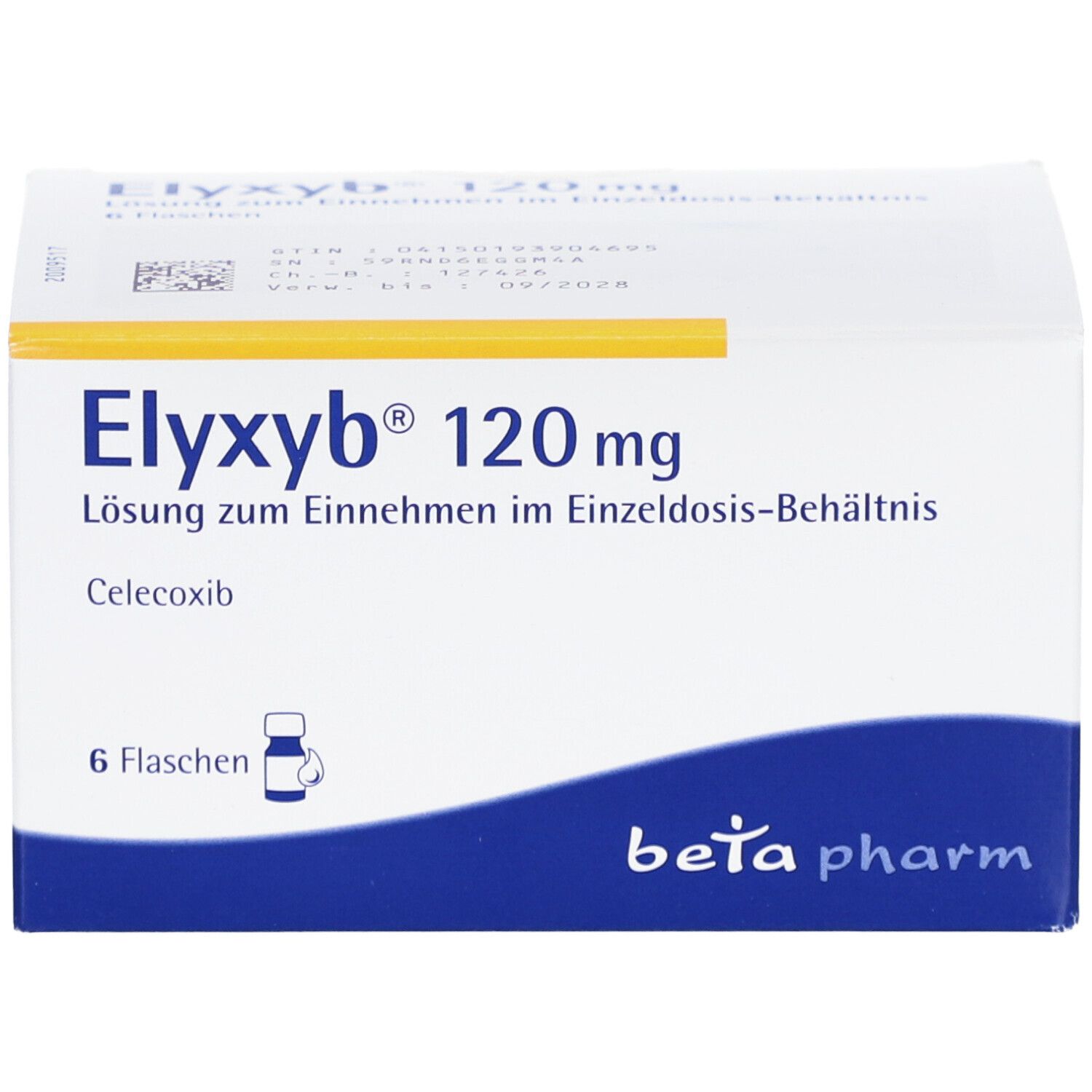 Schachtel mit ELYXYB 120 mg. 6 Flaschen. Beta pharm Logo. Text: Lösung zum Einnehmen im Einzeldosis-Behältnis.