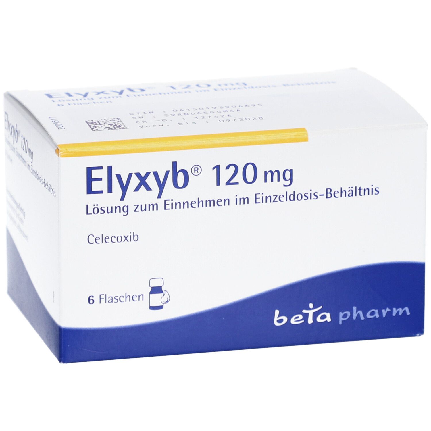 Schachtel mit ELYXYB 120 mg. 6 Flaschen. Beta pharm Logo. Text: Lösung zum Einnehmen im Einzeldosis-Behältnis.