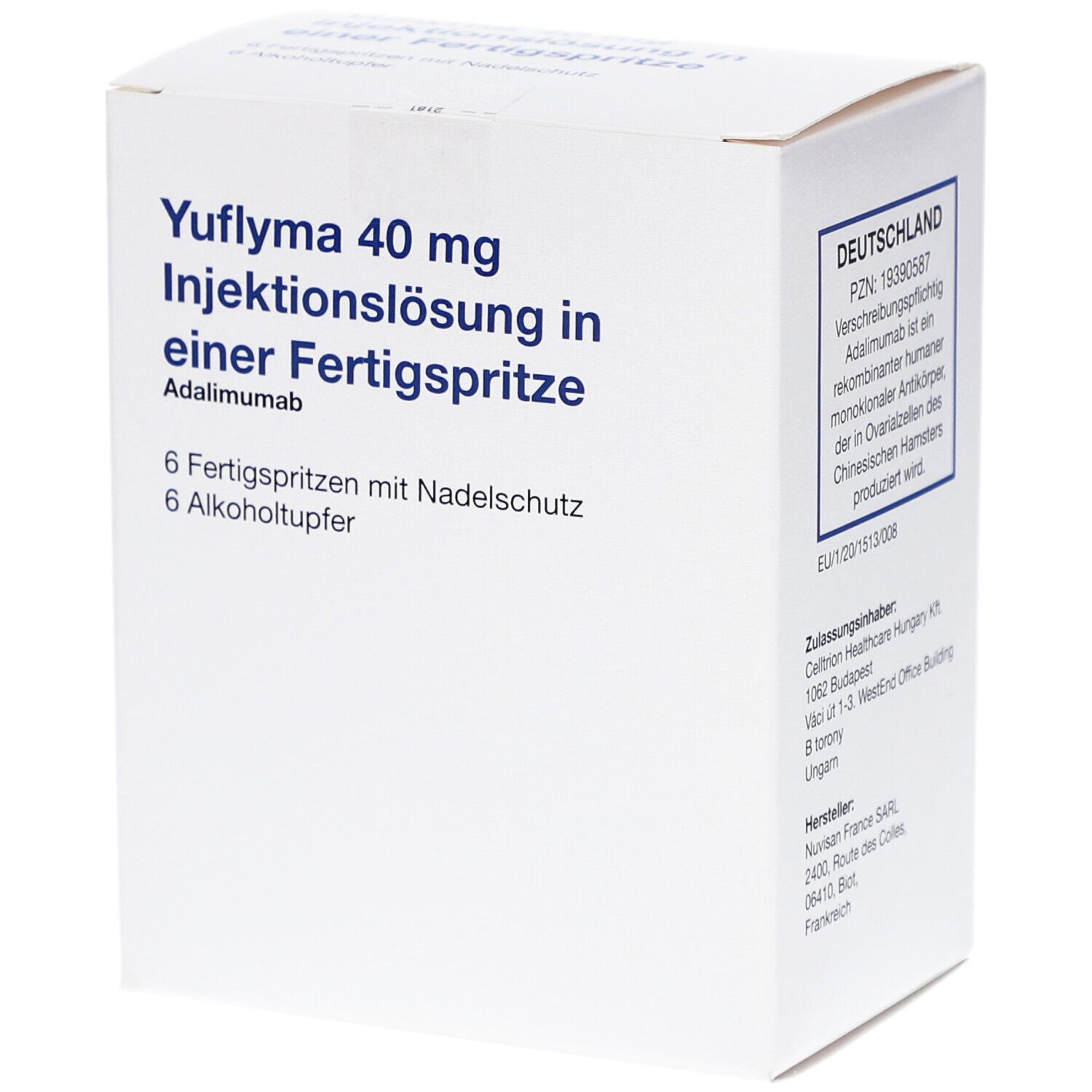 Weißer Karton mit Aufschrift Yuflyma 40 mg Injektionslösung. Enthält 6 Fertigspritzen mit Nadelschutz und 6 Alkoholtupfer.