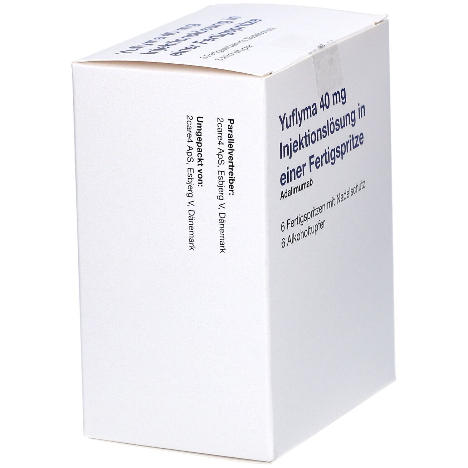 Weißer Karton mit Yuflyma 40 mg Injektionslösung. Enthält 6 Fertigspritzen mit Nadelschutz und 6 Alkoholtupfer. Text auf Deutsch.