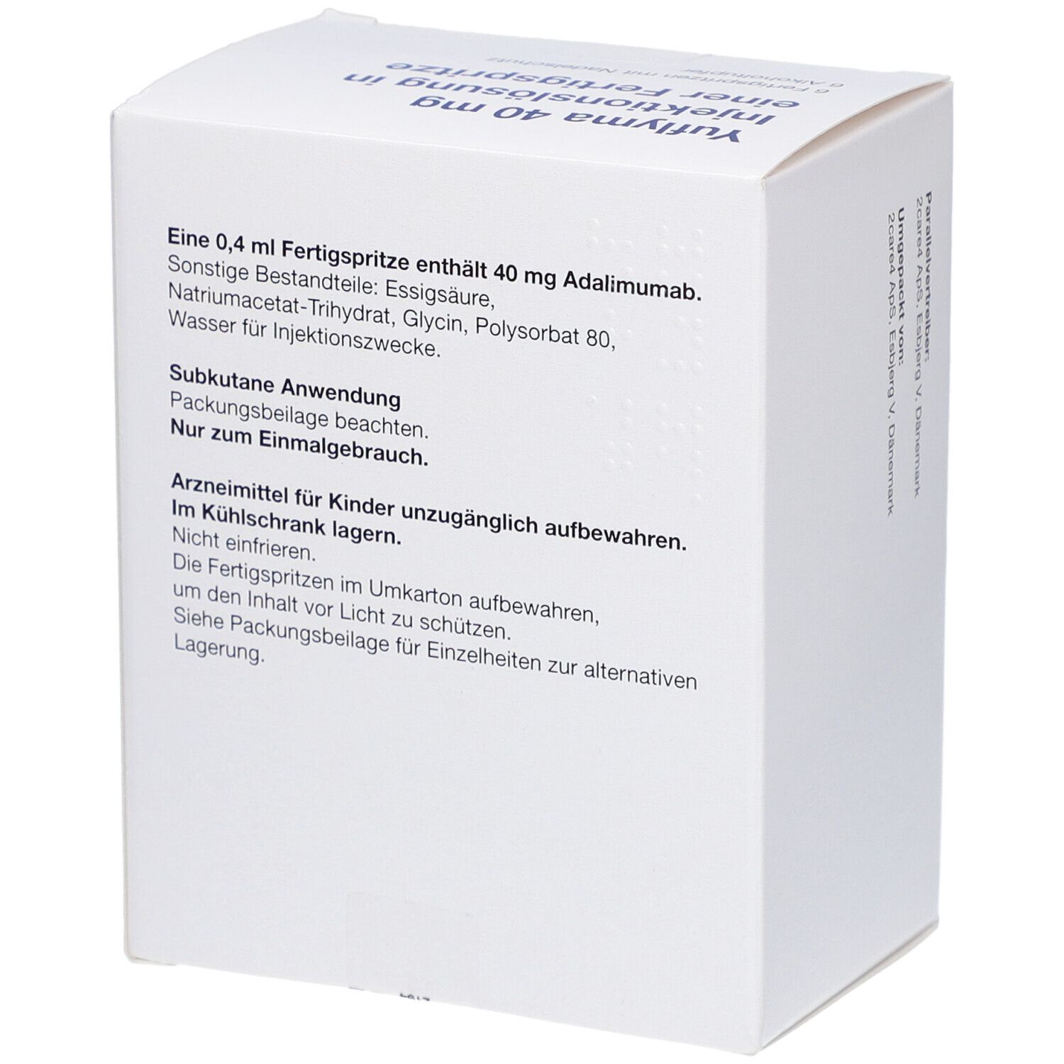 Rückseite eines weißen Kartons mit Text. Enthält Informationen zu Inhaltsstoffen, Anwendung und Lagerung. Nur zur einmaligen Anwendung.