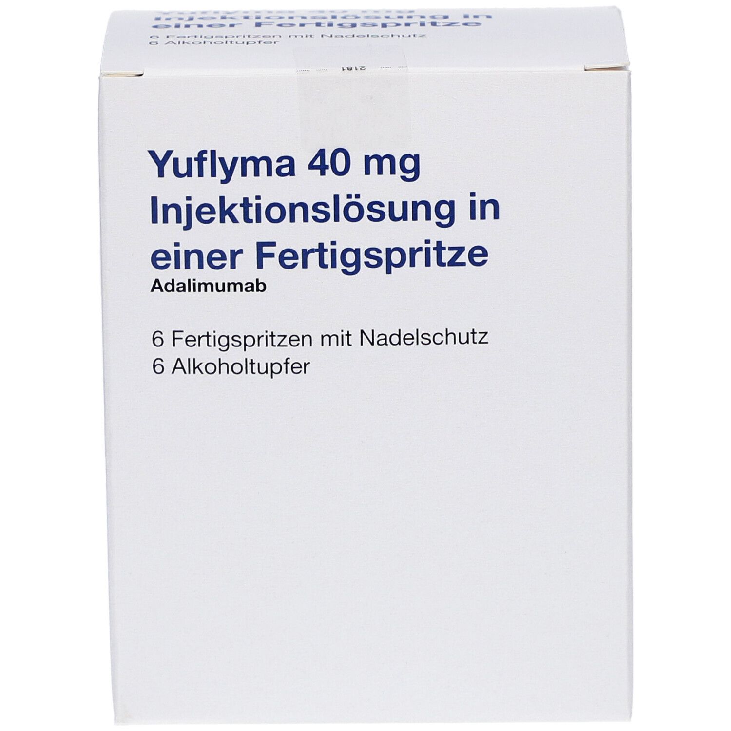 Weißer Karton mit Yuflyma 40 mg Injektionslösung. Enthält 6 Fertigspritzen mit Nadelschutz und 6 Alkoholtupfer.