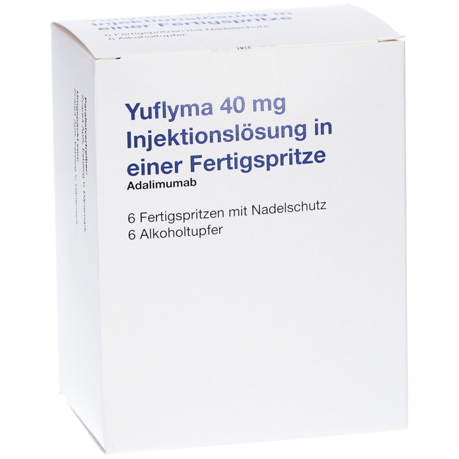 Weißer Karton mit Yuflyma 40 mg Injektionslösung. Enthält 6 Fertigspritzen mit Nadelschutz und 6 Alkoholtupfer.