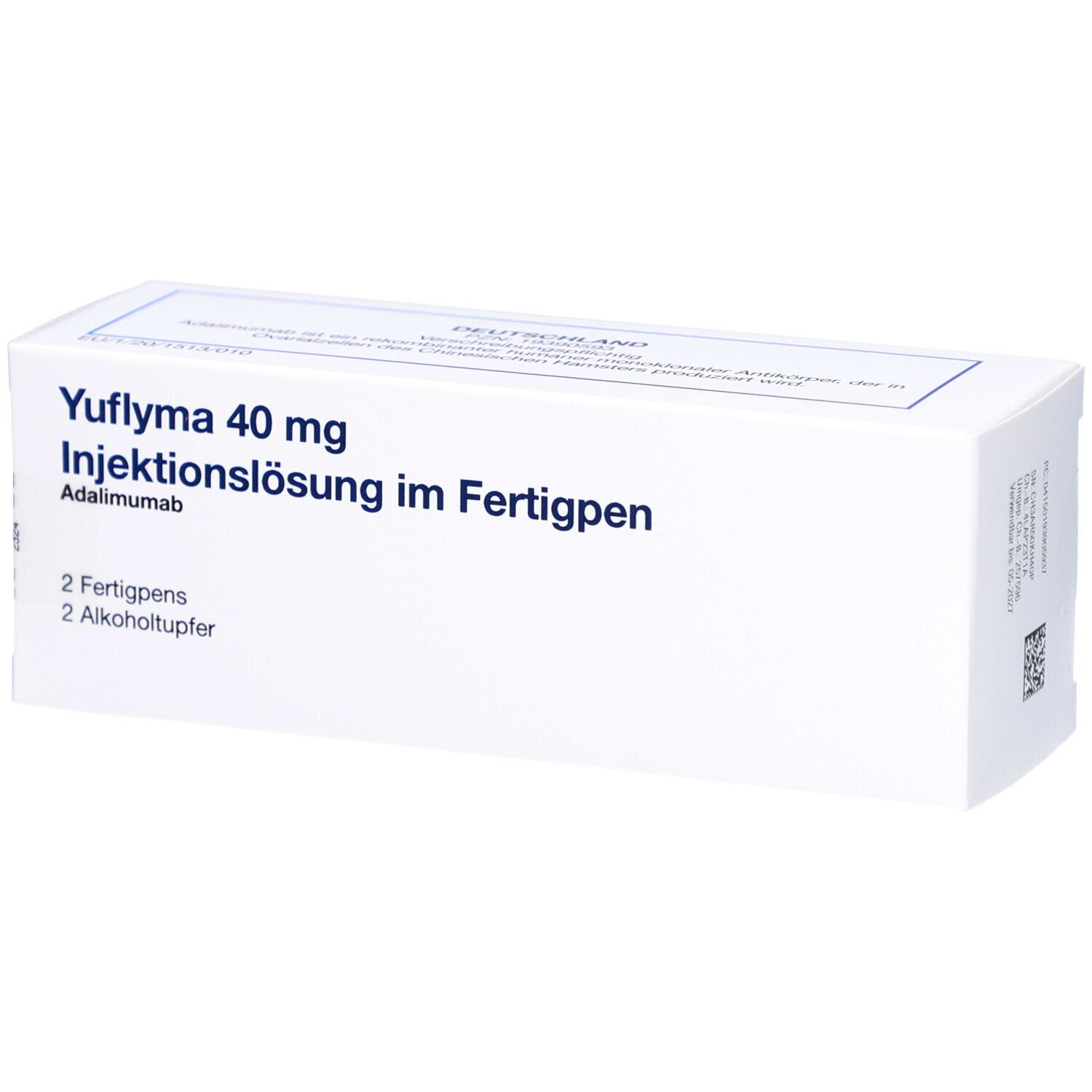 Weiße Verpackung mit Aufschrift Yuflyma 40 mg Injektionslösung im Fertigpen. Enthält 2 Fertigpens und 2 Alkoholtupfer.