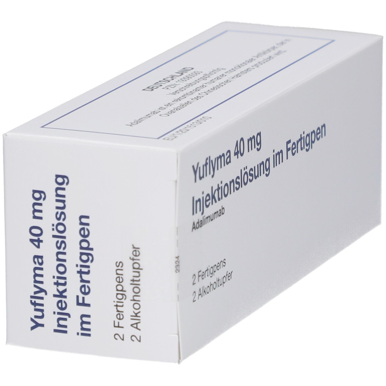 Schräg stehende weiße Verpackung mit Aufschrift Yuflyma 40 mg Injektionslösung im Fertigpen. Enthält 2 Fertigpens und 2 Alkoholtupfer.