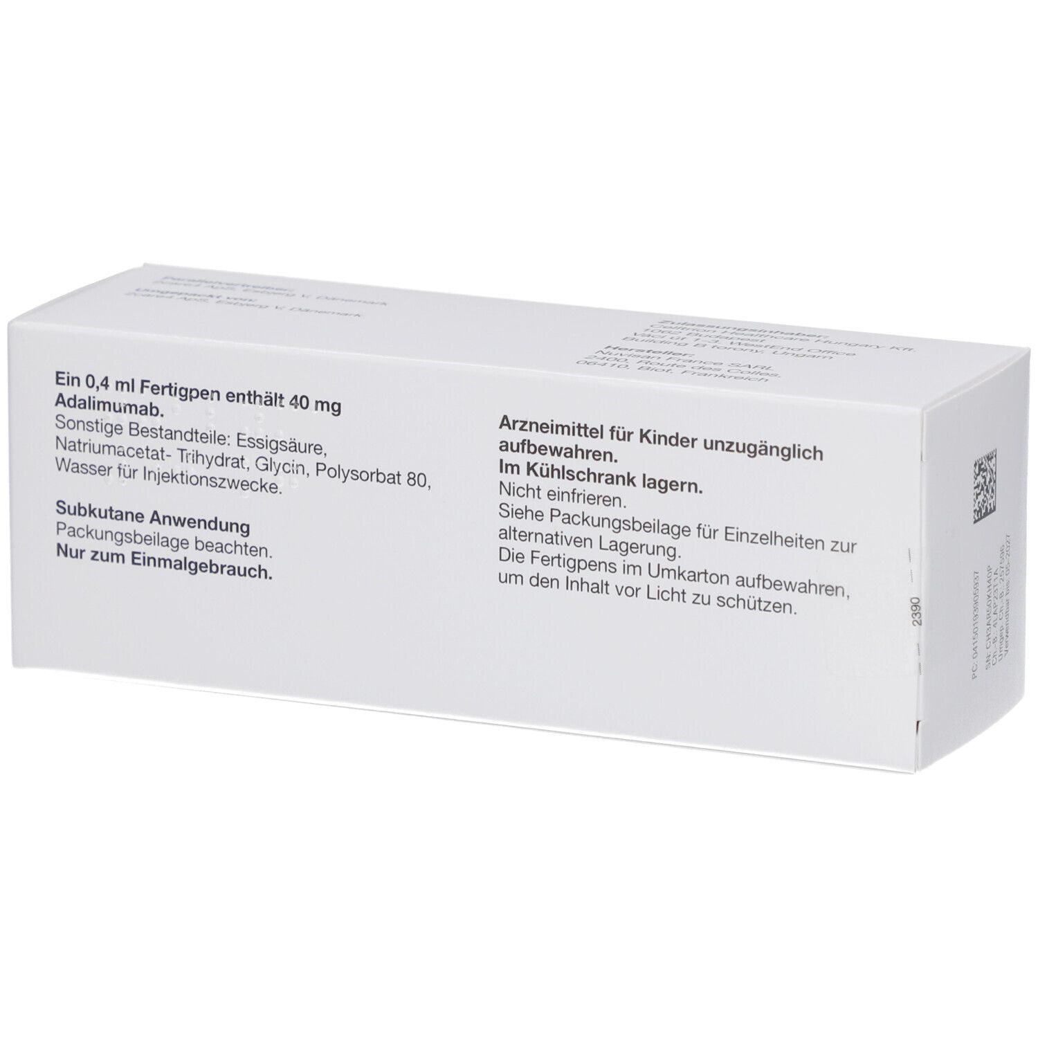 Rückseite der weißen Verpackung mit Text. Enthält Informationen zu Inhaltsstoffen, Anwendung und Lagerung. Nur zur einmaligen Anwendung.