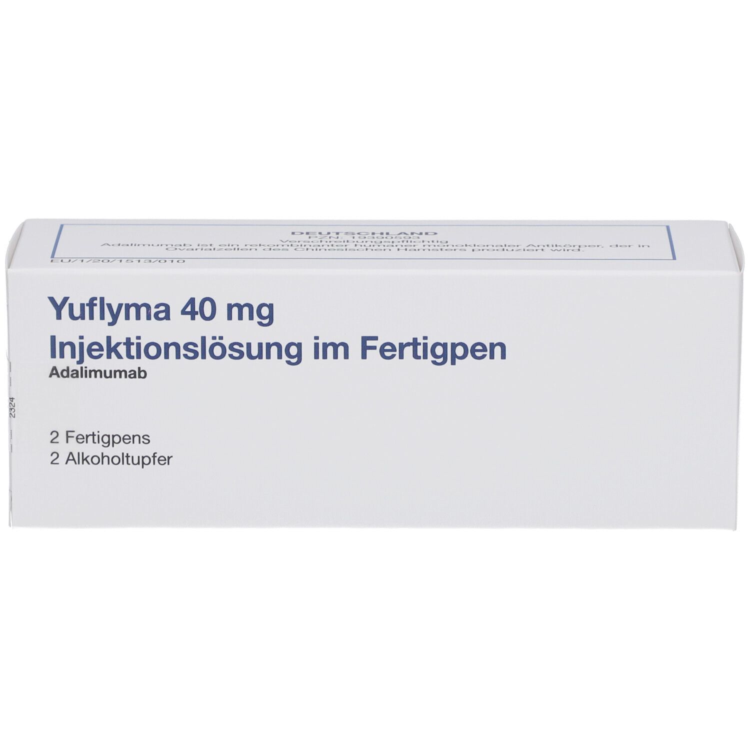 Weiße Verpackung mit Aufschrift Yuflyma 40 mg Injektionslösung im Fertigpen. Enthält 2 Fertigpens und 2 Alkoholtupfer.
