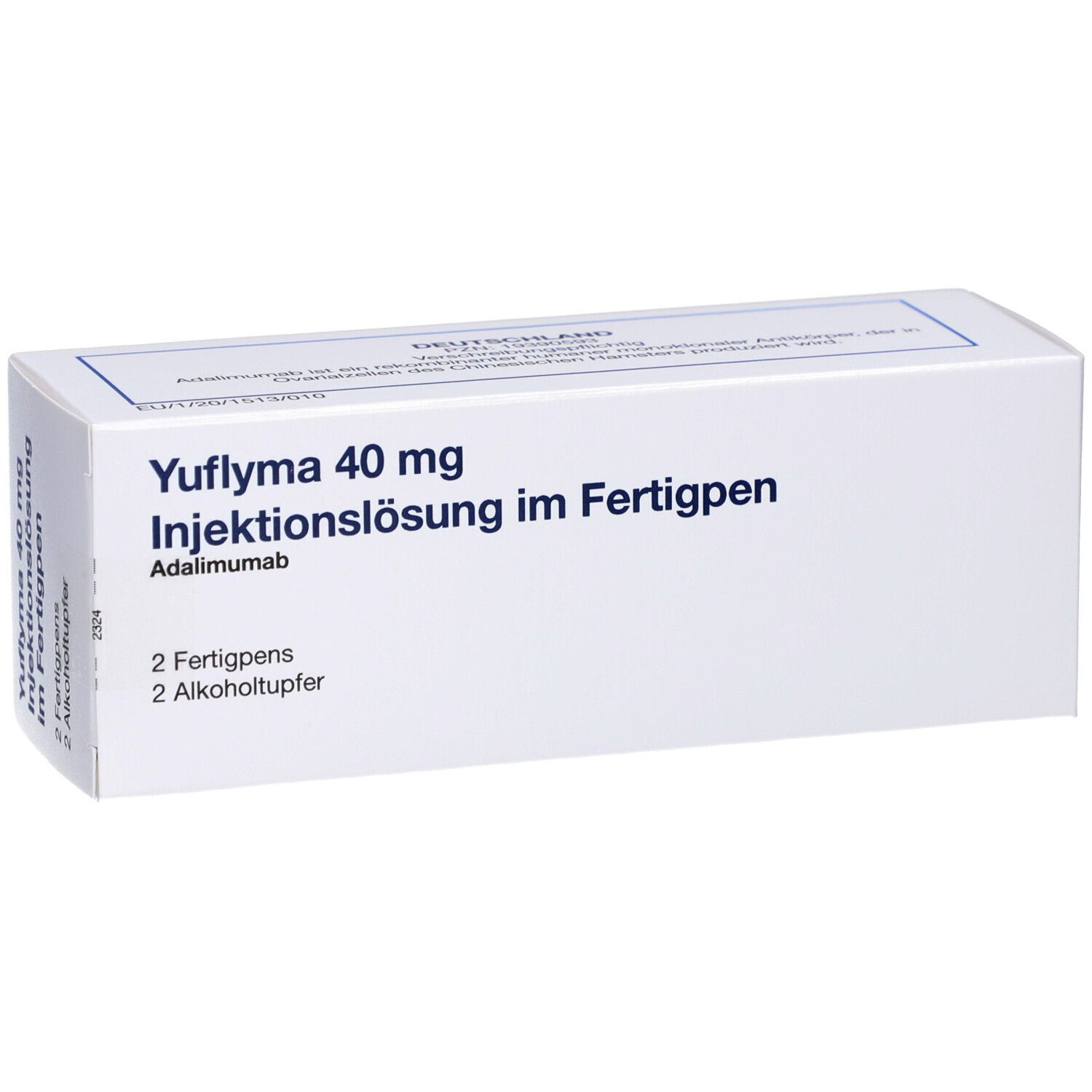 Weiße Verpackung mit Aufschrift Yuflyma 40 mg Injektionslösung im Fertigpen. Enthält 2 Fertigpens und 2 Alkoholtupfer.