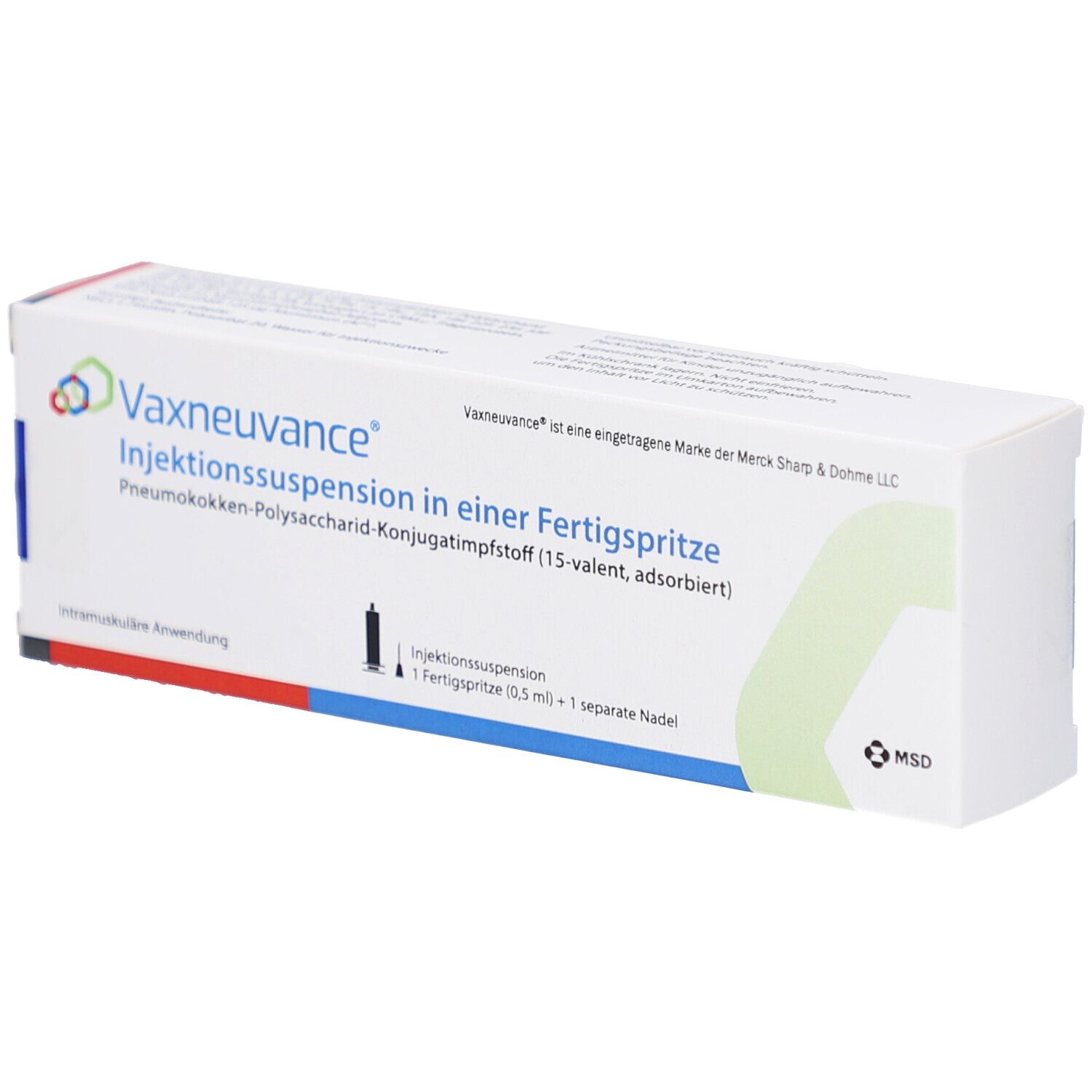 Weiße Verpackung von Vaxneuvance Injektionssuspension in einer Fertigspritze. Text: Pneumokokken-Polysaccharid-Konjugatimpfstoff (15-valent, adsorbiert).
