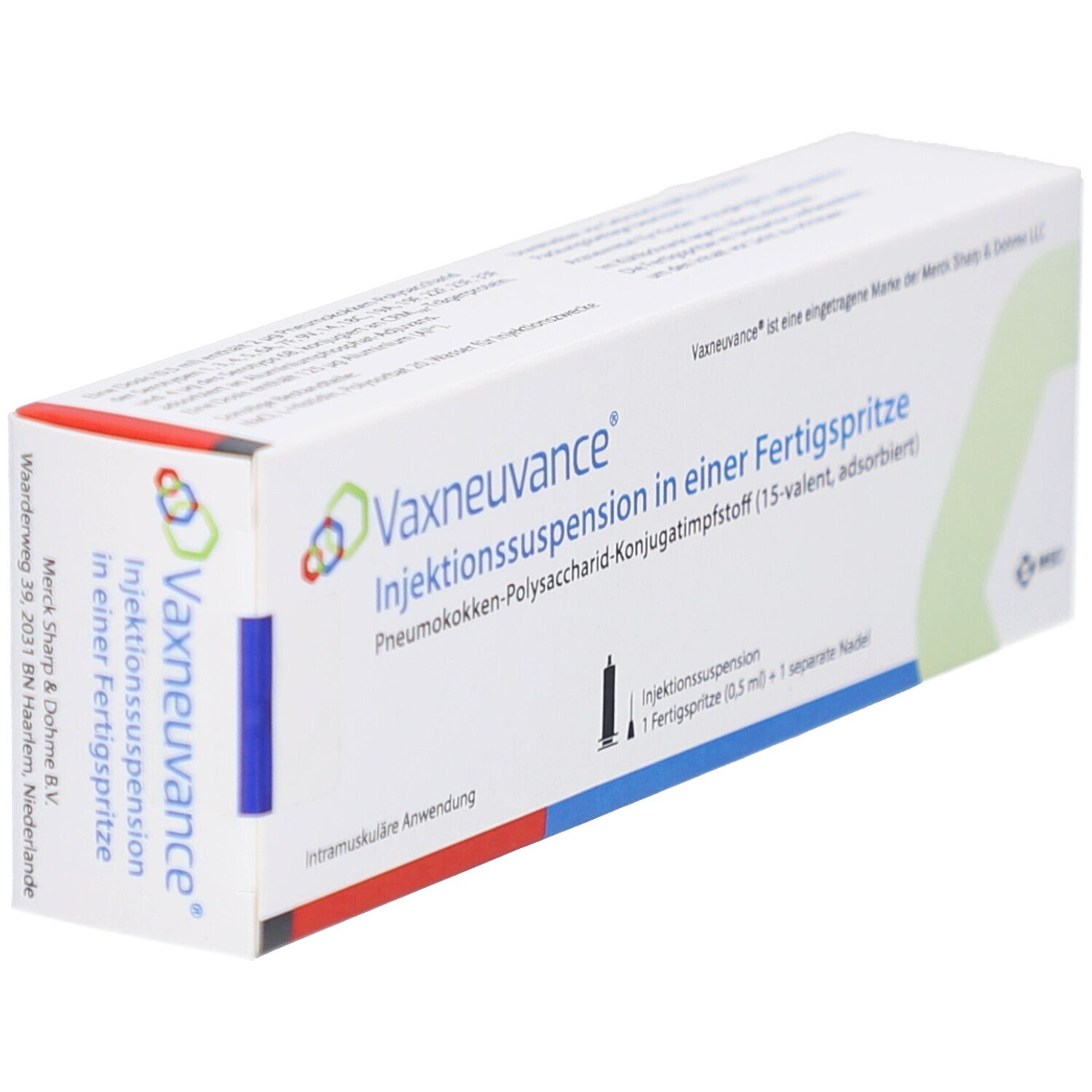 Weiße Verpackung von Vaxneuvance Injektionssuspension in einer Fertigspritze. Aufdruck: Pneumokokken-Polysaccharid-Konjugatimpfstoff (15-valent, adsorbiert).
