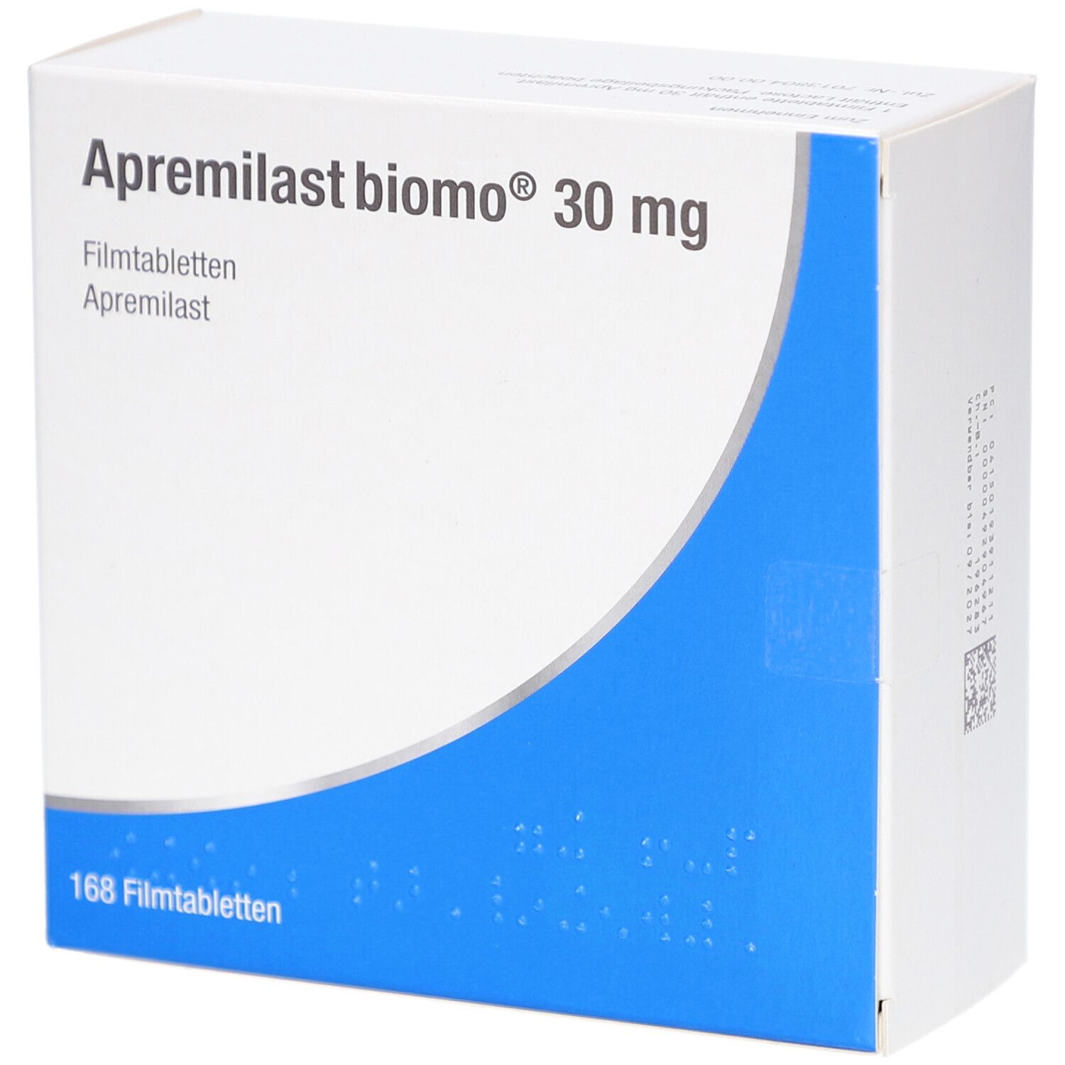 Schachtel mit Apremilast biomo 30 mg Filmtabletten. Blaue und weiße Verpackung. Aufschrift: 168 Filmtabletten.