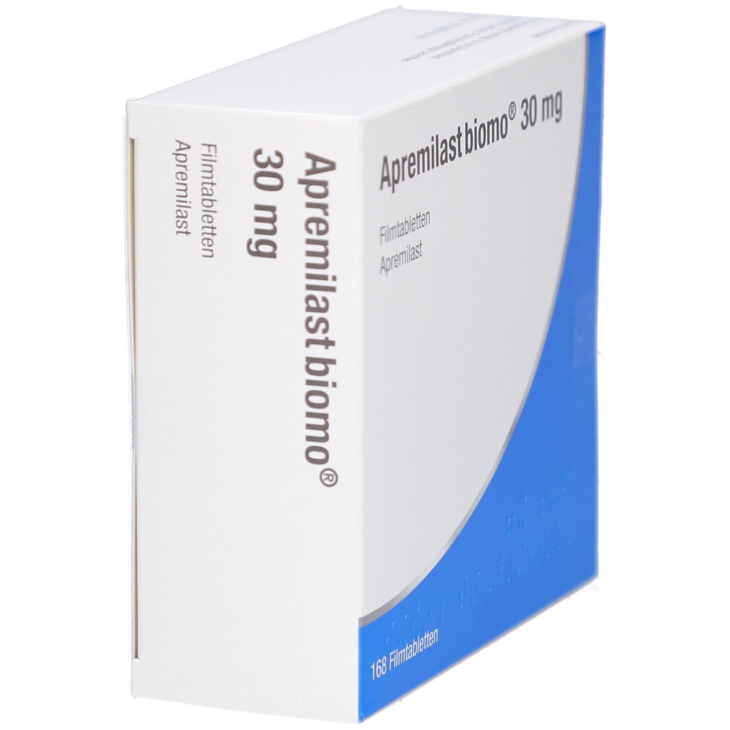 Schachtel mit Apremilast biomo 30 mg Filmtabletten. Blaue und weiße Verpackung. Aufschrift: 168 Filmtabletten.