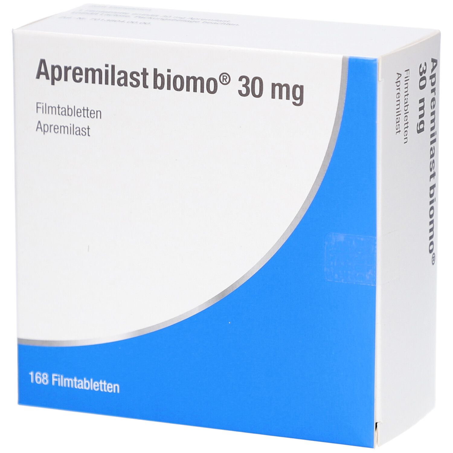 Schachtel mit Apremilast biomo 30 mg Filmtabletten. Blaue und weiße Verpackung. Aufschrift: 168 Filmtabletten.