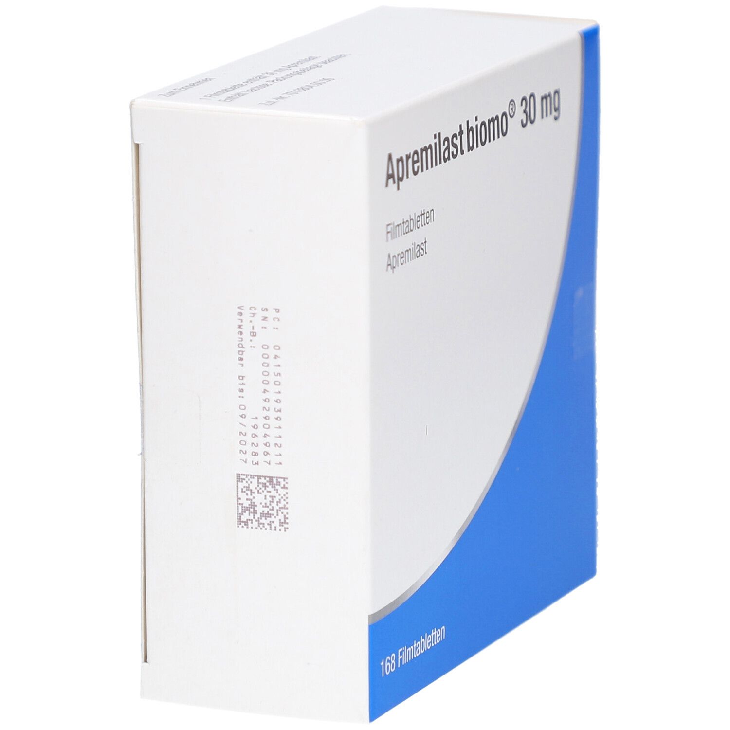 Schachtel mit Apremilast biomo 30 mg Filmtabletten. Blaue und weiße Verpackung. Aufschrift: 168 Filmtabletten.