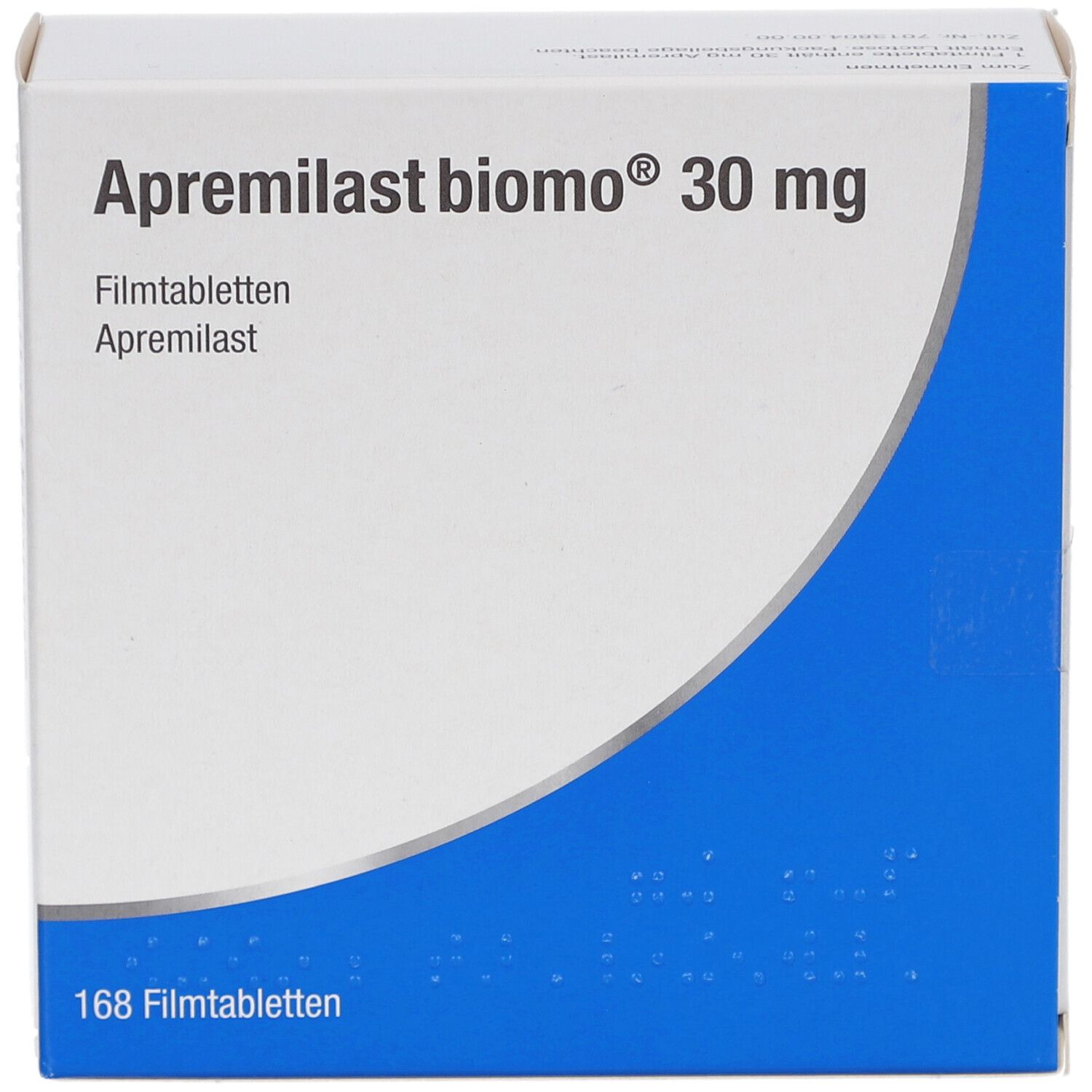 Schachtel mit Apremilast biomo 30 mg Filmtabletten. Blaue und weiße Verpackung. Aufschrift: 168 Filmtabletten.