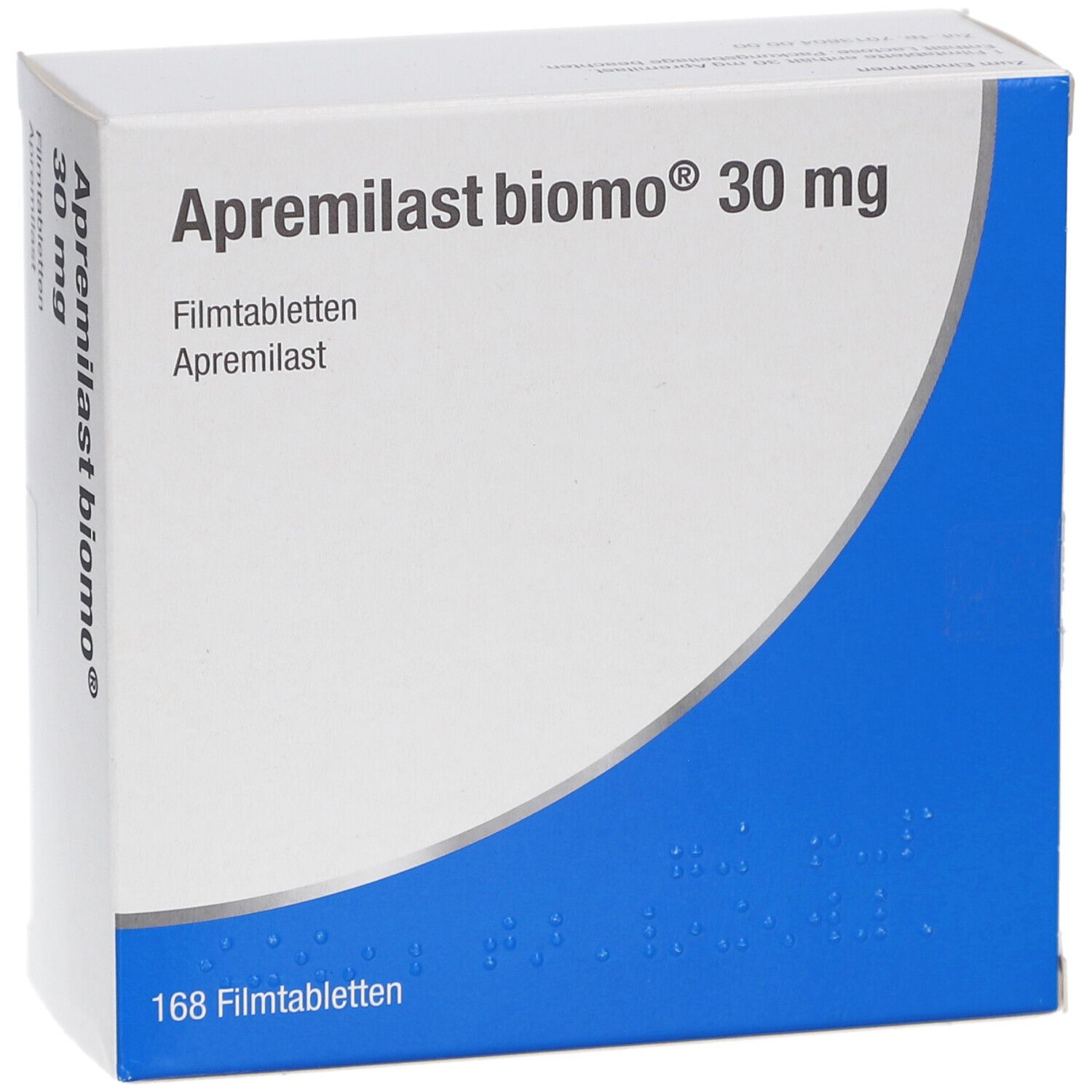 Schachtel mit Apremilast biomo 30 mg Filmtabletten. Blaue und weiße Verpackung. Aufschrift: 168 Filmtabletten.
