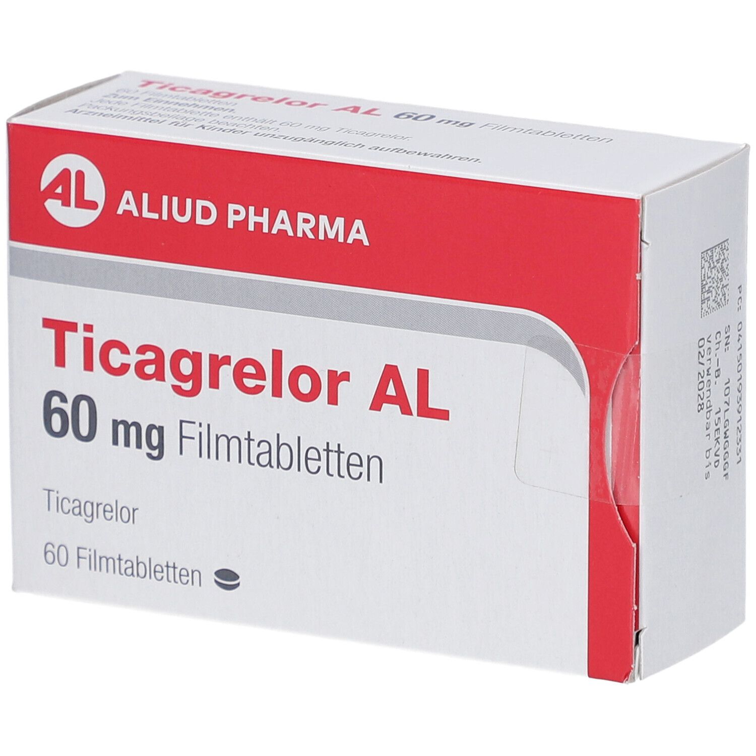 Schachtel mit Ticagrelor AL 60 mg Filmtabletten. Rote und weiße Verpackung mit Produktnamen und Dosierung.