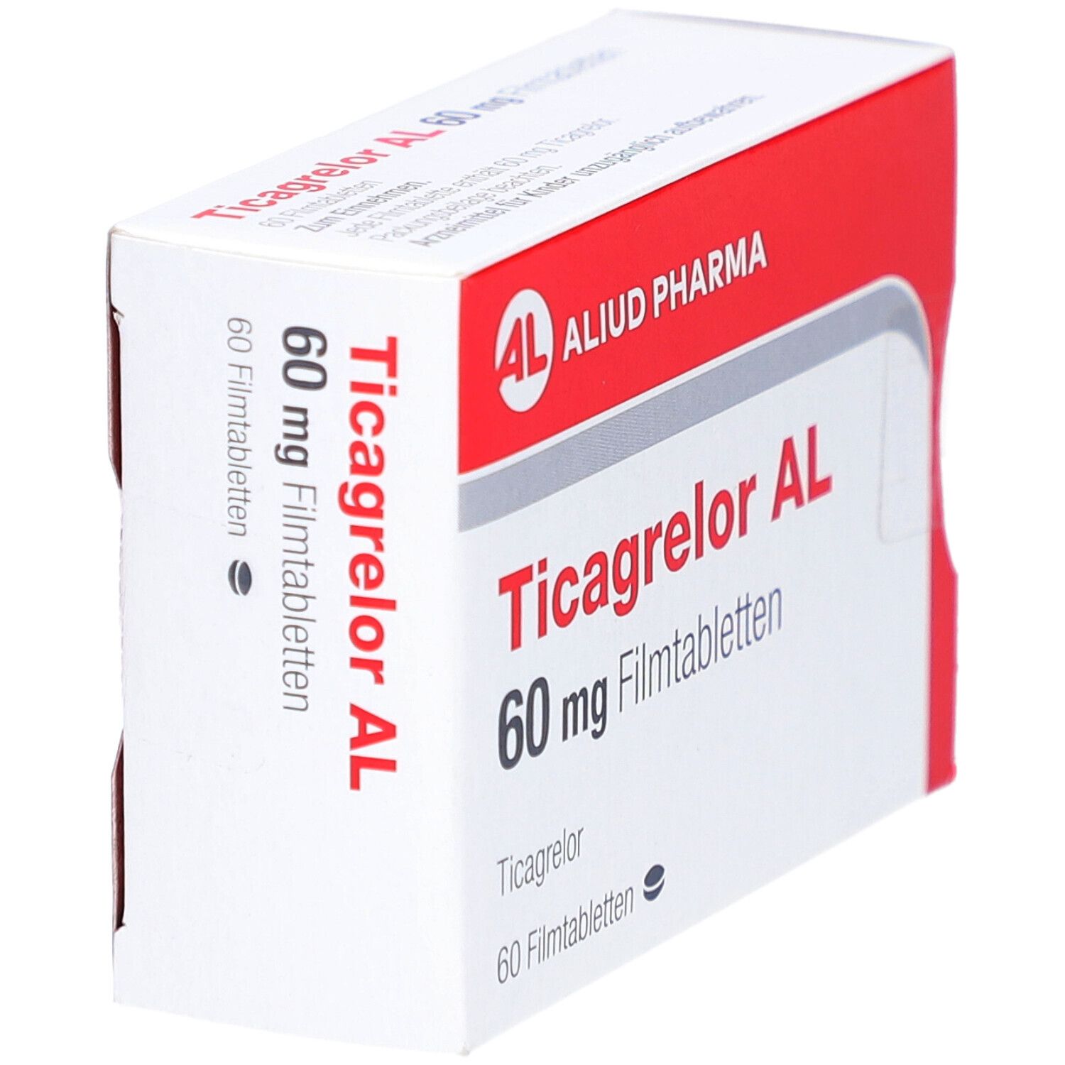 Schachtel mit Ticagrelor AL 60 mg Filmtabletten. Rote und weiße Verpackung mit Produktnamen und Dosierung.