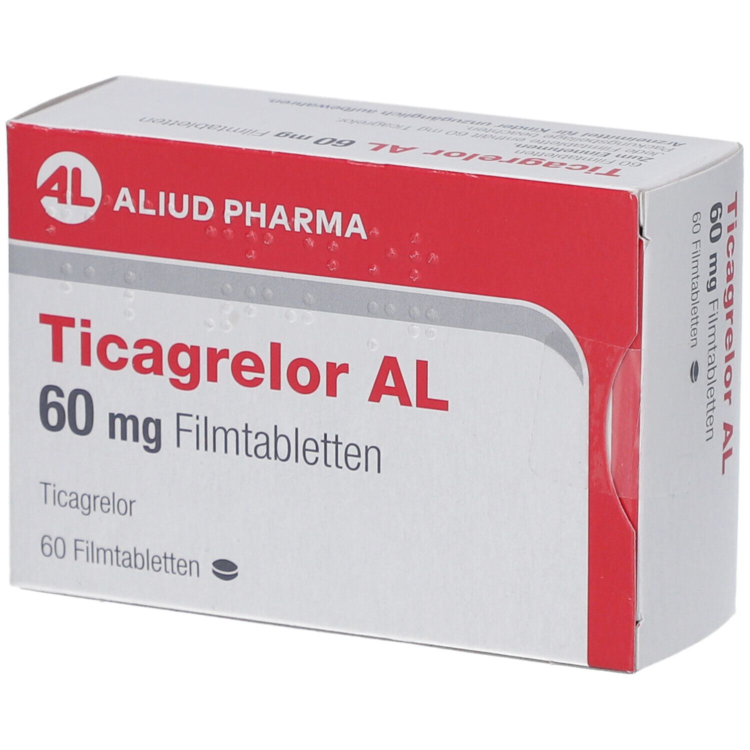 Schachtel mit Ticagrelor AL 60 mg Filmtabletten. Rote und weiße Verpackung mit Produktnamen und Dosierung.