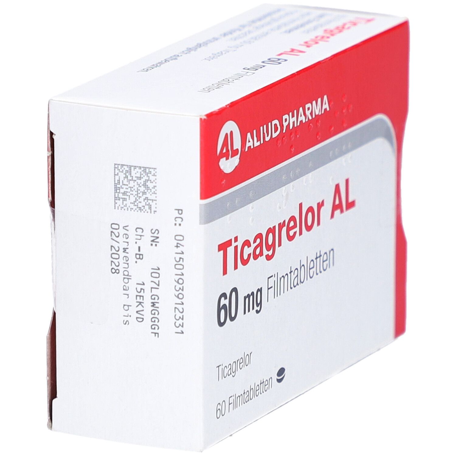 Schachtel mit Ticagrelor AL 60 mg Filmtabletten. Rote und weiße Verpackung mit Produktnamen und Dosierung.