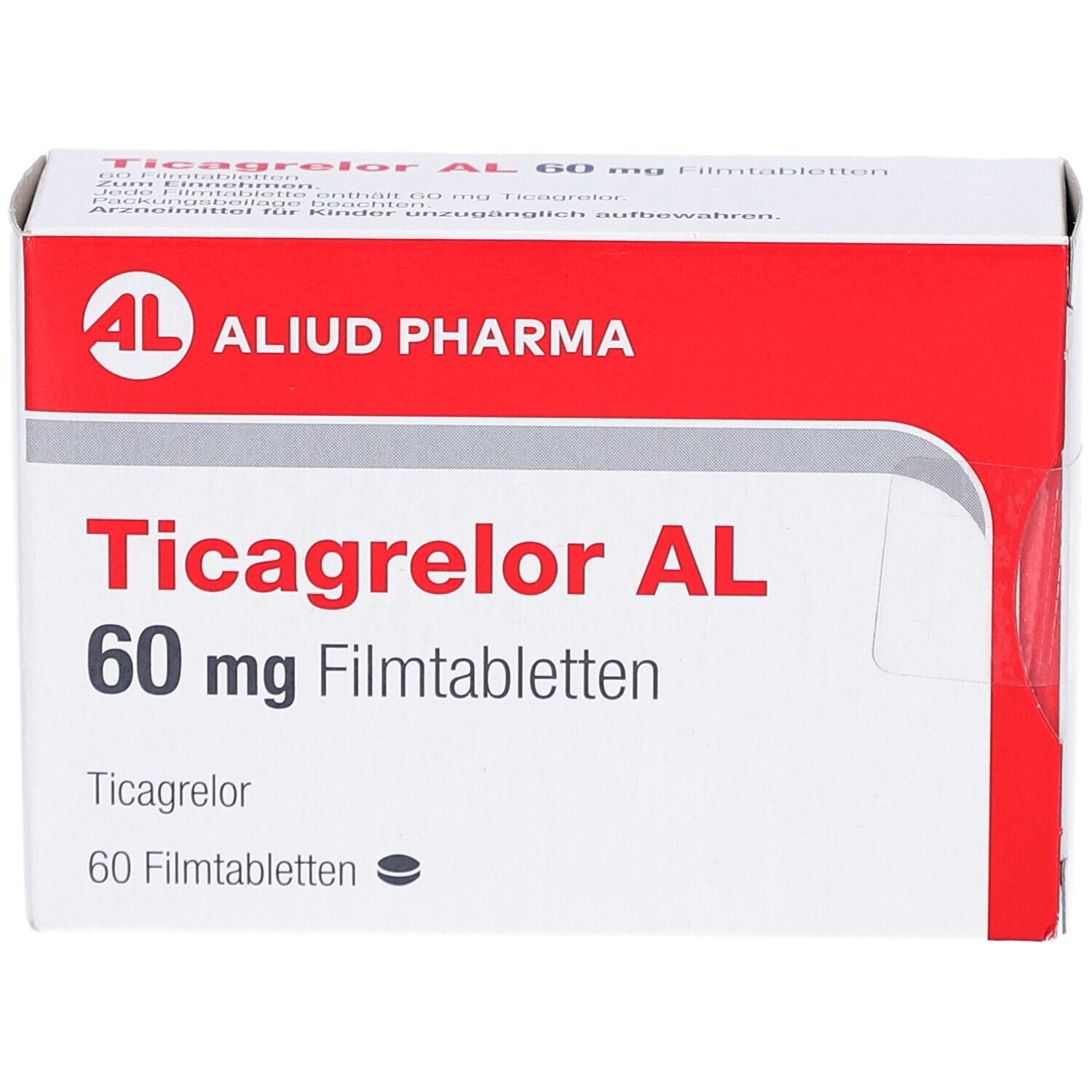 Schachtel mit Ticagrelor AL 60 mg Filmtabletten. Rote und weiße Verpackung mit Produktnamen und Dosierung.