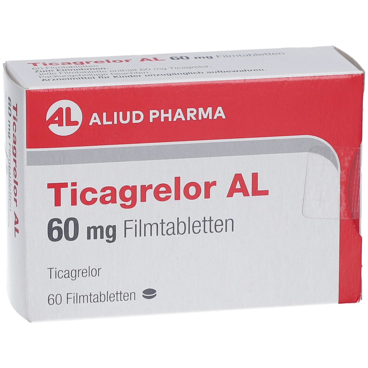 Schachtel mit Ticagrelor AL 60 mg Filmtabletten. Rote und weiße Verpackung mit Produktnamen und Dosierung.