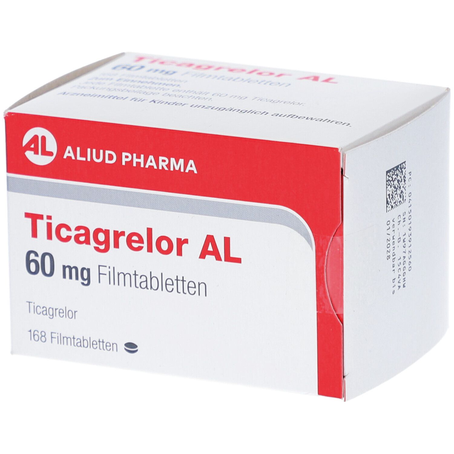 Schachtel mit Ticagrelor AL 60 mg Filmtabletten. Rote und weiße Verpackung mit Logo und Produktinformationen. 168 Filmtabletten.