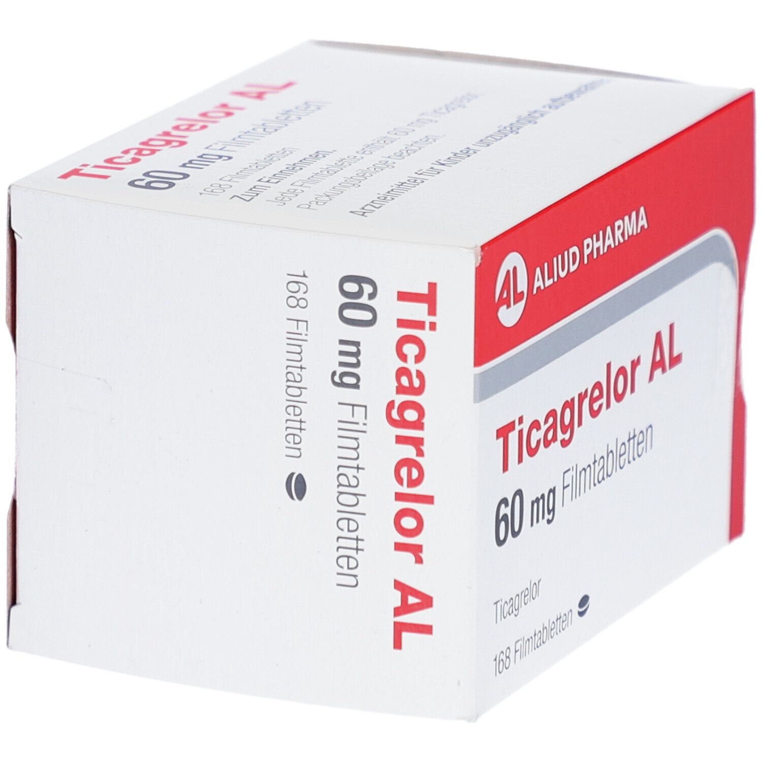 Schachtel Ticagrelor AL 60 mg Filmtabletten. Rote und weiße Verpackung, ALID PHARMA Logo. Produktinformationen und 168 Filmtabletten.