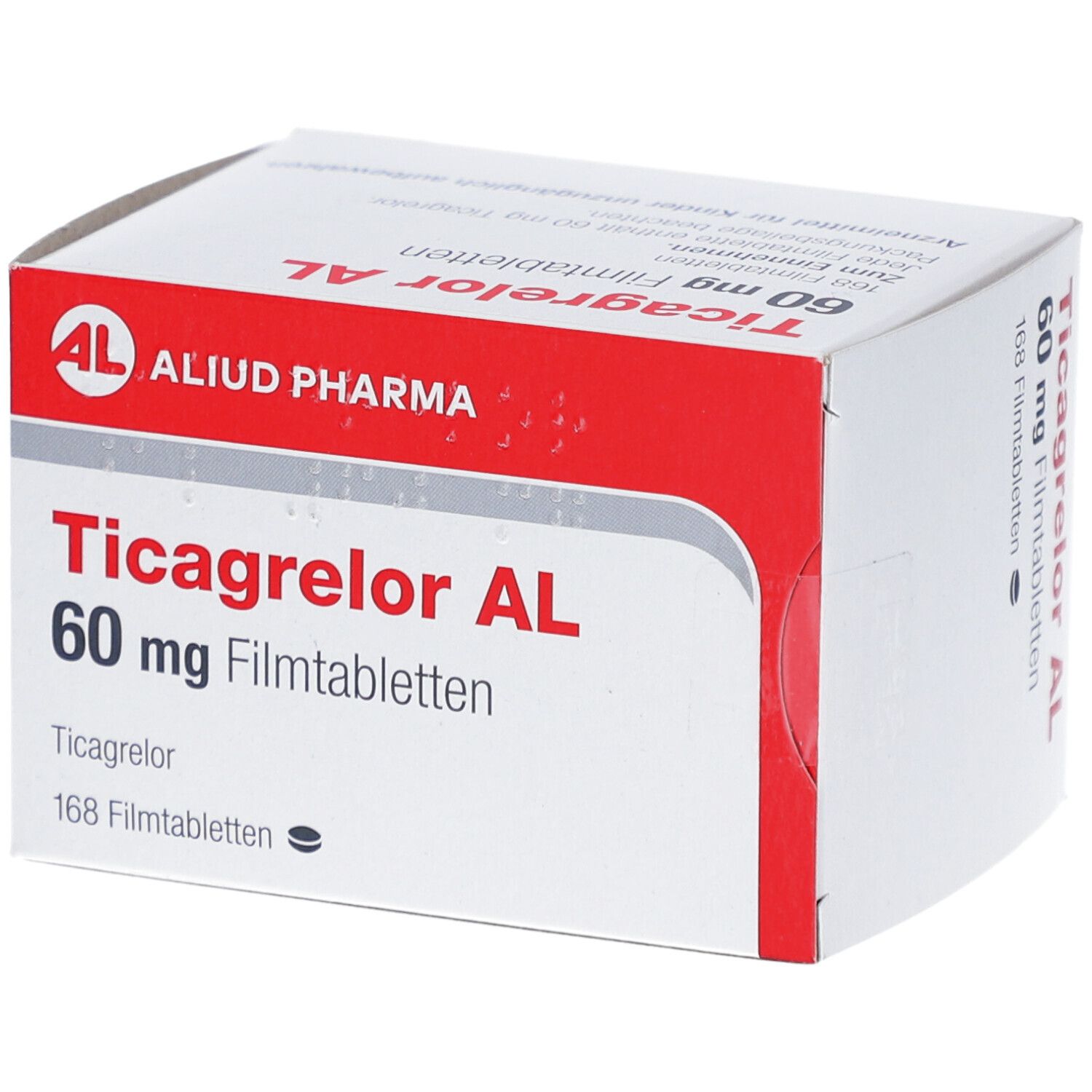 Schachtel Ticagrelor AL 60 mg Filmtabletten. Rote und weiße Verpackung, ALID PHARMA Logo. Produktinformationen und 168 Filmtabletten.