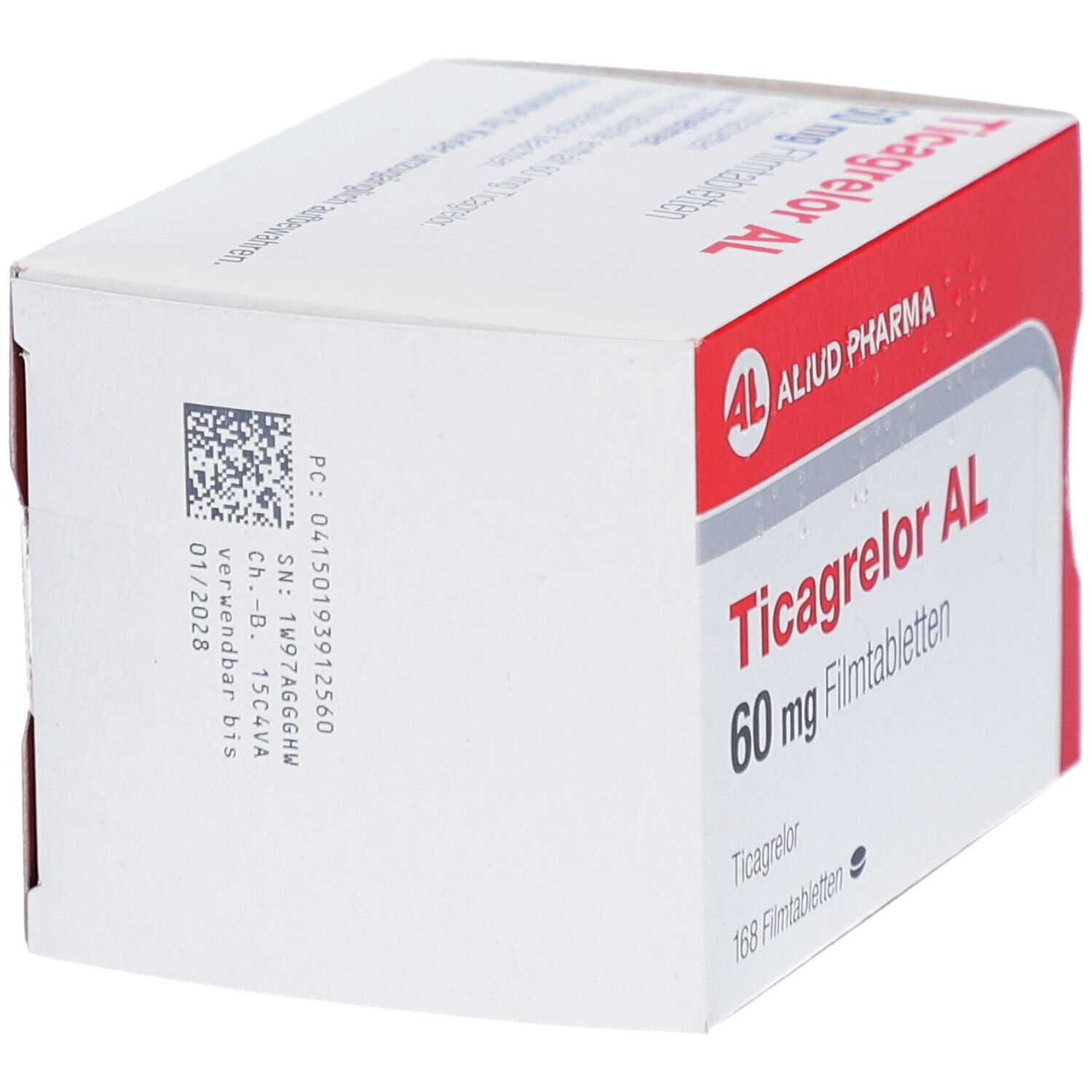 Schachtel Ticagrelor AL 60 mg Filmtabletten. Rote und weiße Verpackung, ALID PHARMA Logo. Produktinformationen und 168 Filmtabletten.