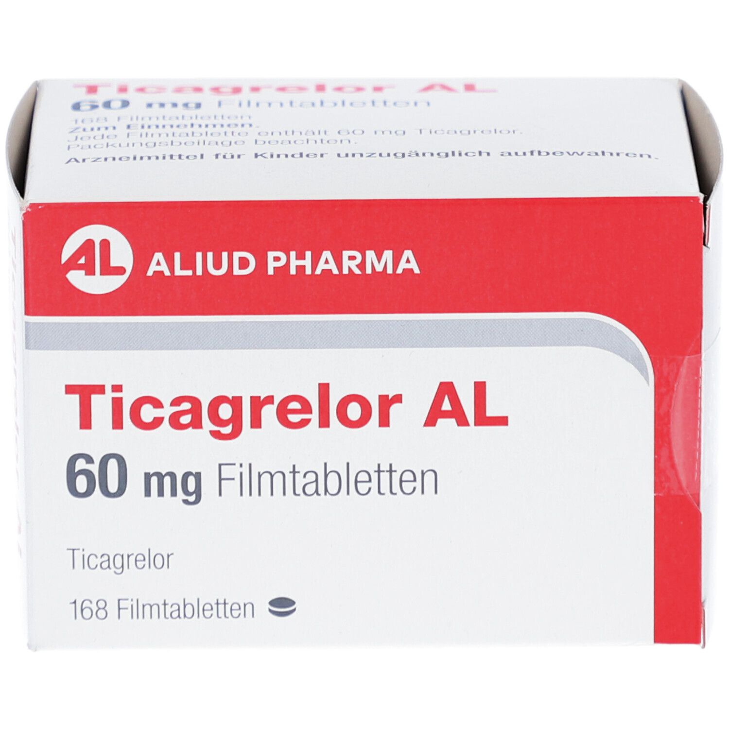 Schachtel Ticagrelor AL 60 mg Filmtabletten. Rote und weiße Verpackung, ALID PHARMA Logo. Produktinformationen und 168 Filmtabletten.