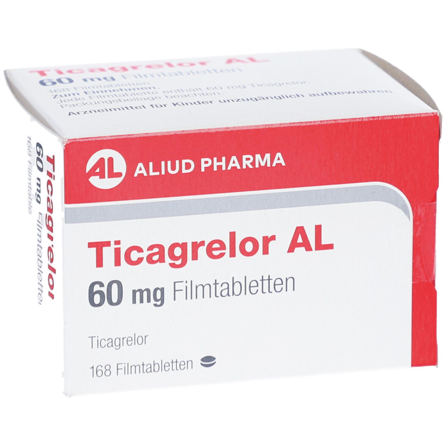 Schachtel Ticagrelor AL 60 mg Filmtabletten. Rote und weiße Verpackung, ALID PHARMA Logo. Produktinformationen und 168 Filmtabletten.