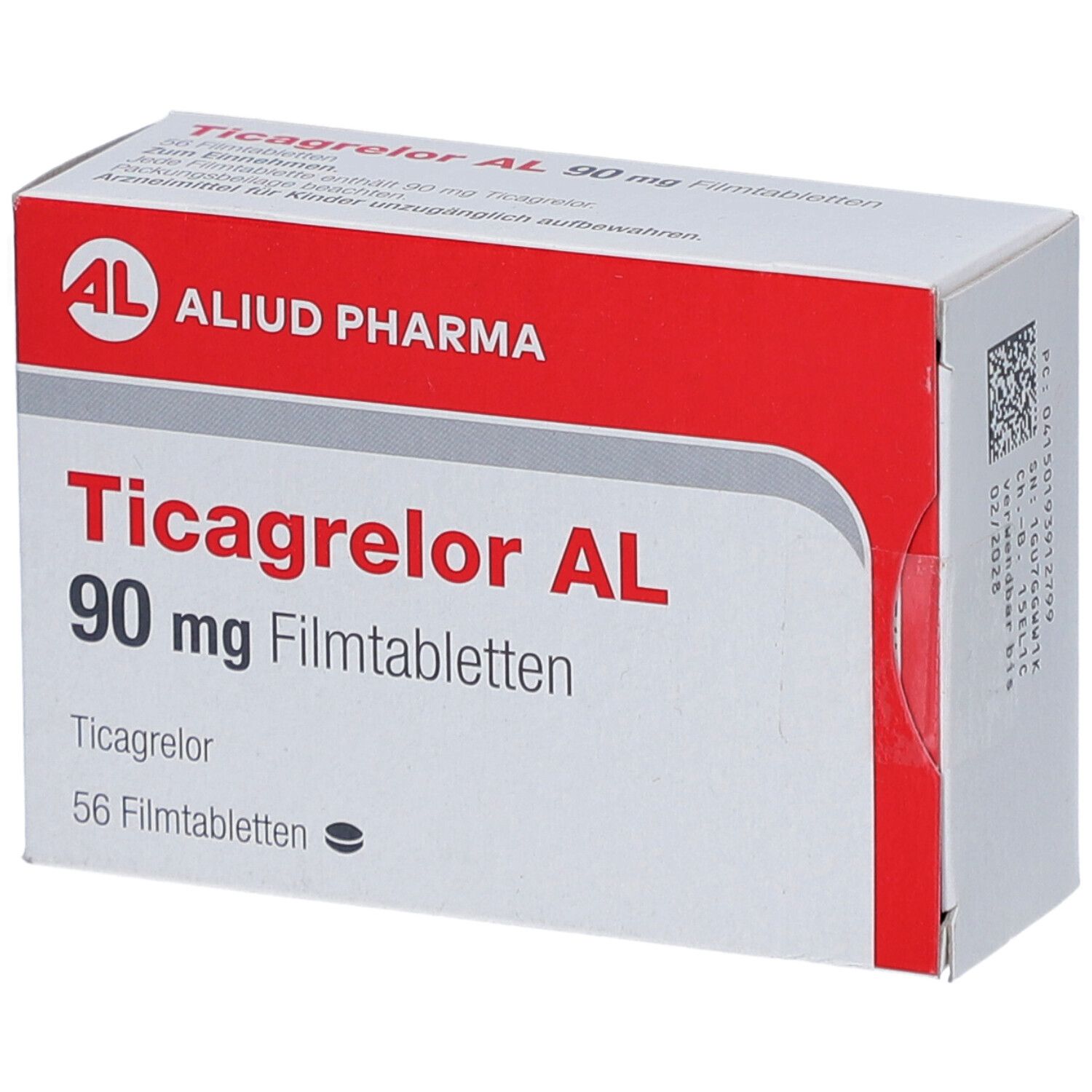Schachtel mit Ticagrelor AL 90 mg Filmtabletten. Rote und weiße Verpackung mit Produktnamen und Logo.
