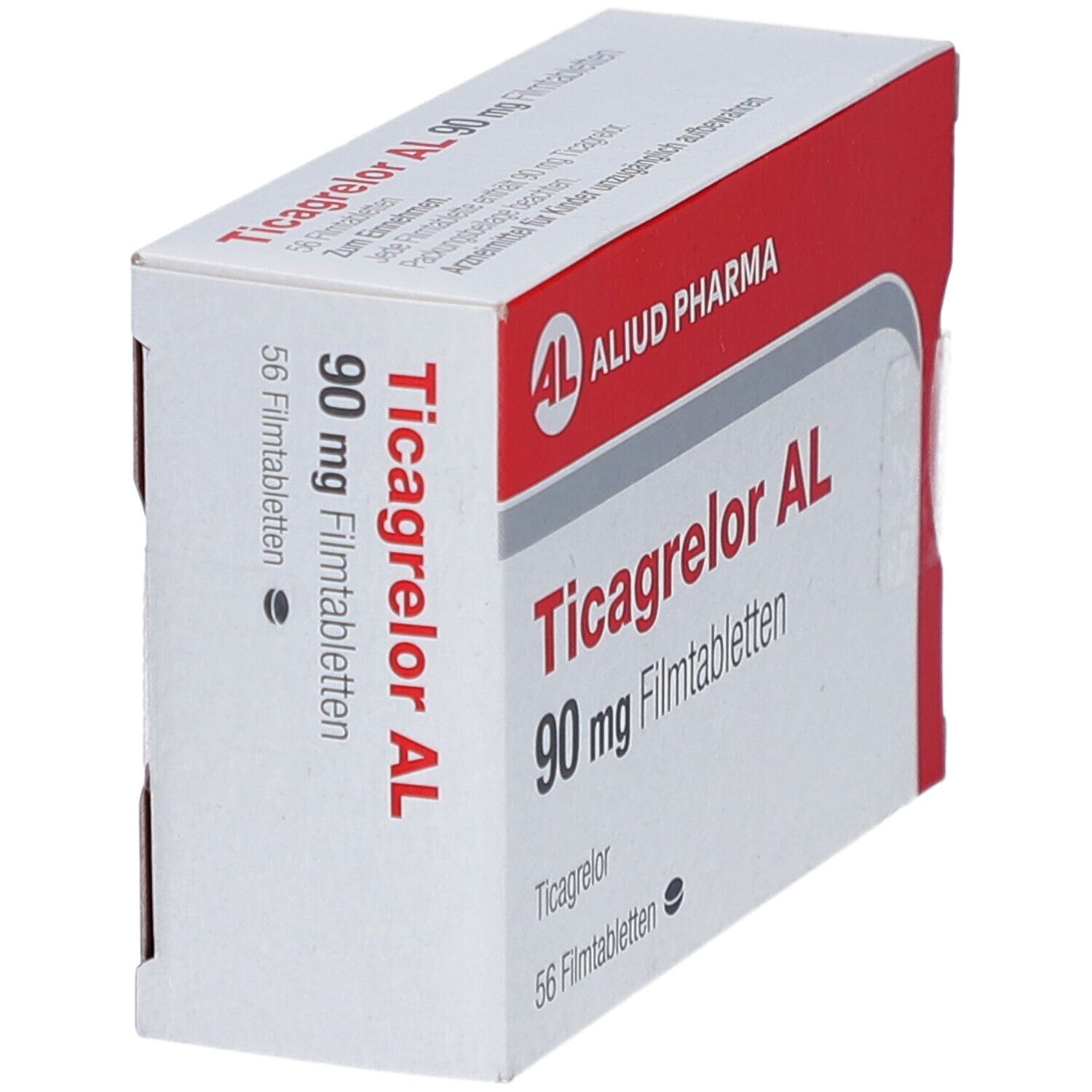 Schachtel Ticagrelor AL 90 mg Filmtabletten. Rote und weiße Verpackung, Produktname und Logo deutlich sichtbar.
