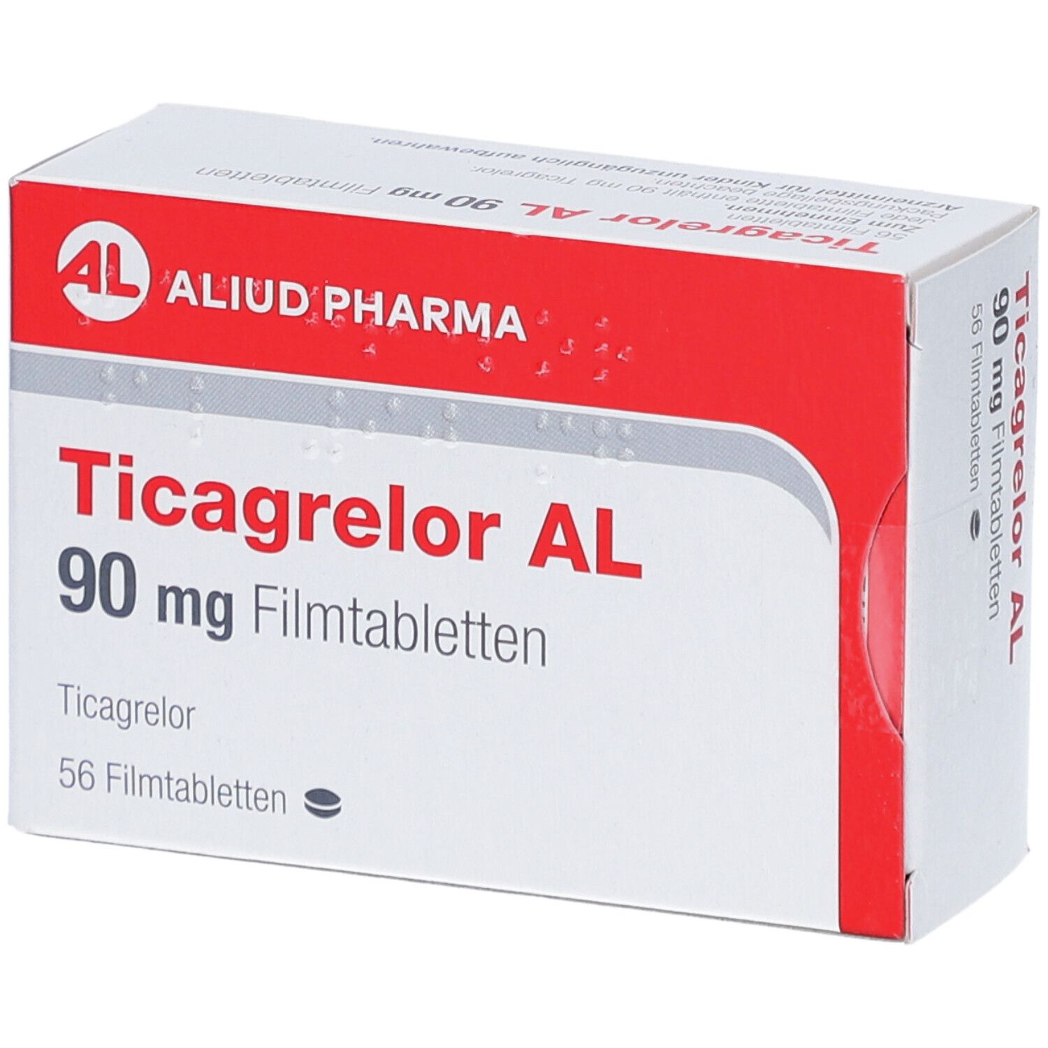Schachtel Ticagrelor AL 90 mg Filmtabletten. Rote und weiße Verpackung, Produktname und Logo deutlich sichtbar.