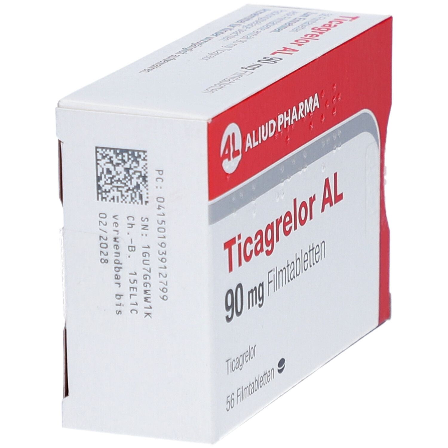 Schachtel Ticagrelor AL 90 mg Filmtabletten. Rote und weiße Verpackung, Produktname und Logo, Rückseite mit Details.