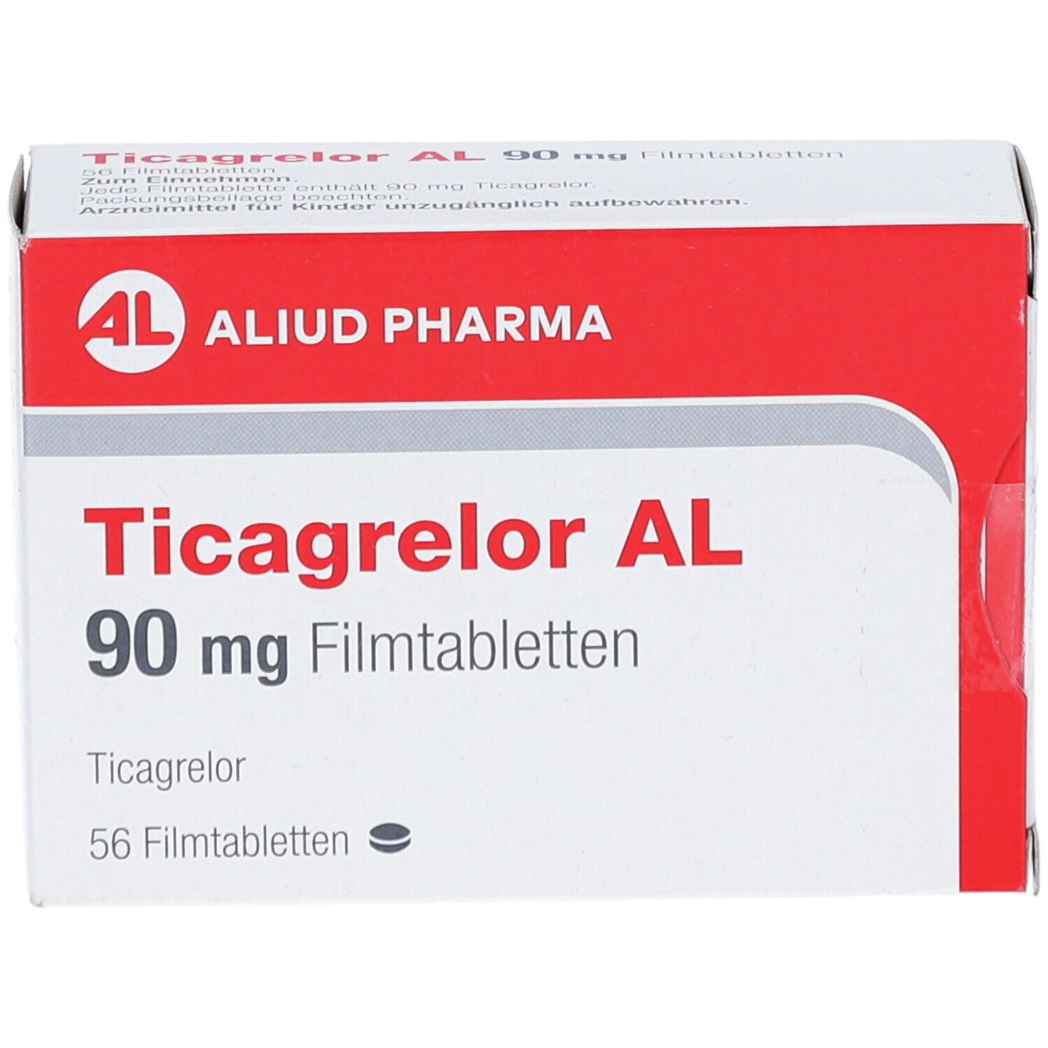 Schachtel Ticagrelor AL 90 mg Filmtabletten. Rote und weiße Verpackung mit Produktnamen und Logo.