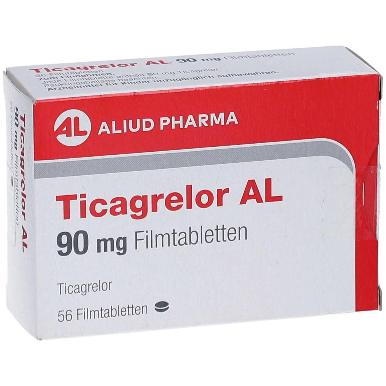 Schachtel Ticagrelor AL 90 mg Filmtabletten. Rote und weiße Verpackung mit Produktnamen und Logo.