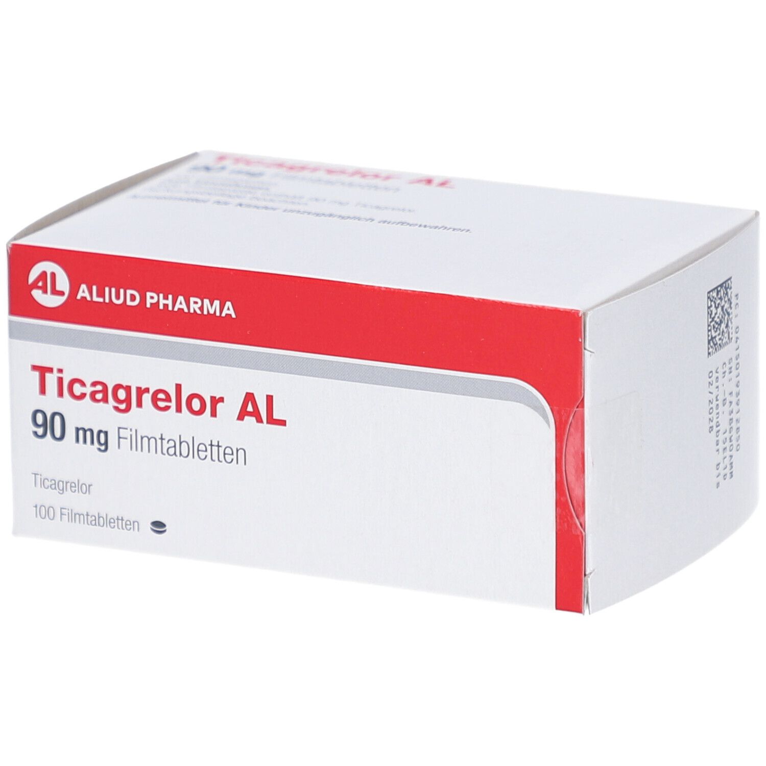 Weiße Schachtel mit rotem Streifen. Aufschrift: Ticagrelor AL 90 mg Filmtabletten, 100 Filmtabletten. Logo: AL, Aliud Pharma.