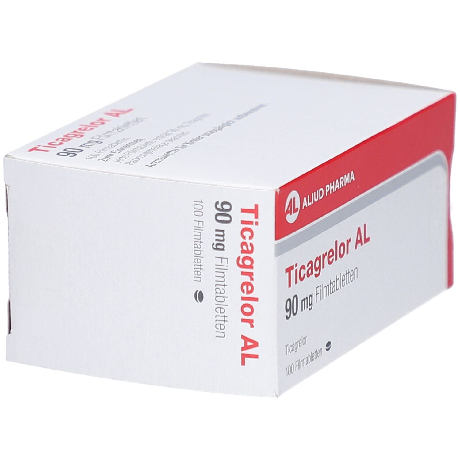 Weiße Schachtel mit rotem Streifen. Aufschrift: Ticagrelor AL 90 mg Filmtabletten, 100 Filmtabletten. Logo: AL, Aliud Pharma.