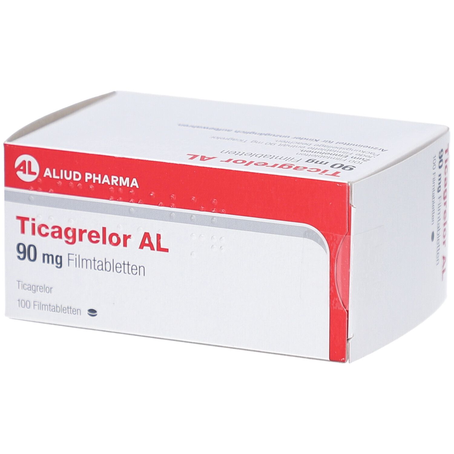 Weiße Schachtel mit rotem Streifen. Aufschrift: Ticagrelor AL 90 mg Filmtabletten, 100 Filmtabletten. Logo: AL, Aliud Pharma.