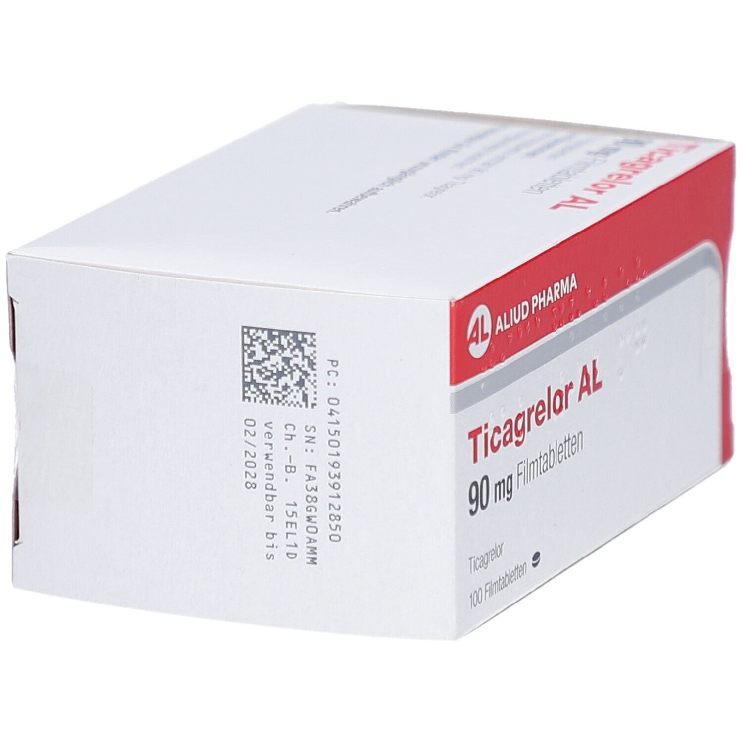 Weiße Schachtel mit rotem Streifen. Aufschrift: Ticagrelor AL 90 mg Filmtabletten, 100 Filmtabletten. Logo: AL, Aliud Pharma. Barcode.