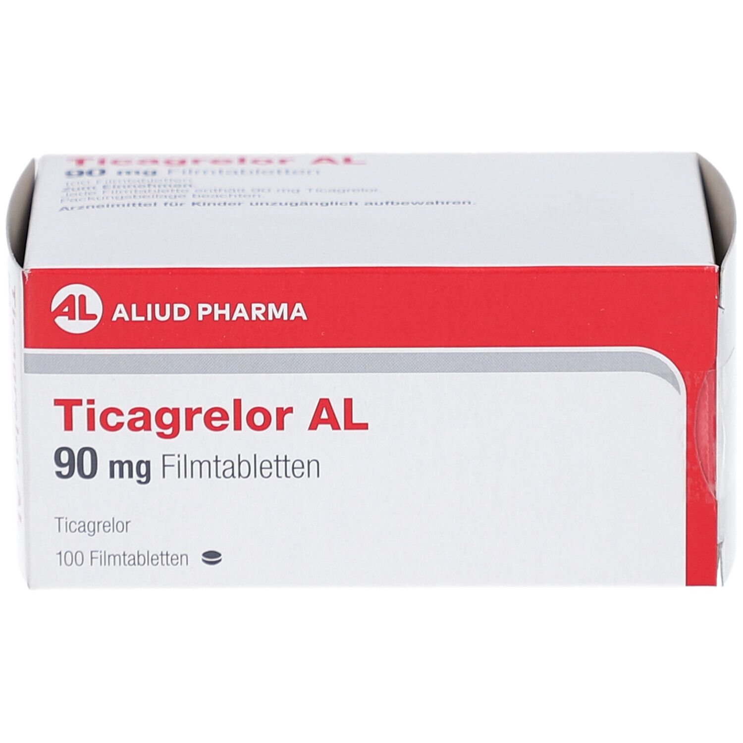 Weiße Schachtel mit rotem Streifen. Aufschrift: Ticagrelor AL 90 mg Filmtabletten, 100 Filmtabletten. Logo: AL, Aliud Pharma.